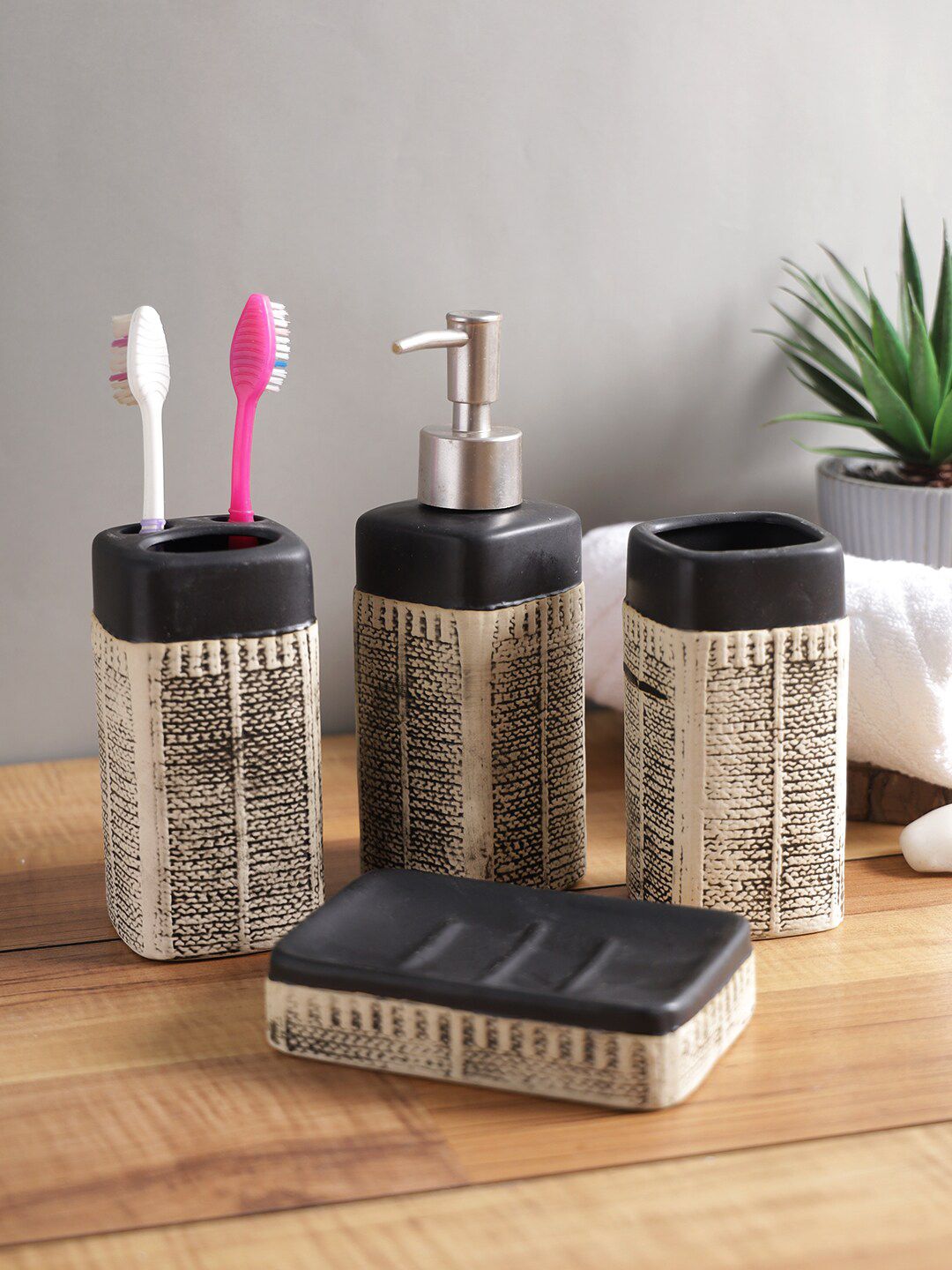 House Of Accessories Set Of 4 Khaki Textured Bathroom Accessories Set Price in India