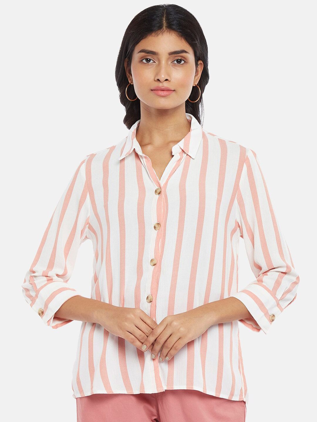 Honey by Pantaloons Women Peach & White Striped Shirt Style Top Price in India