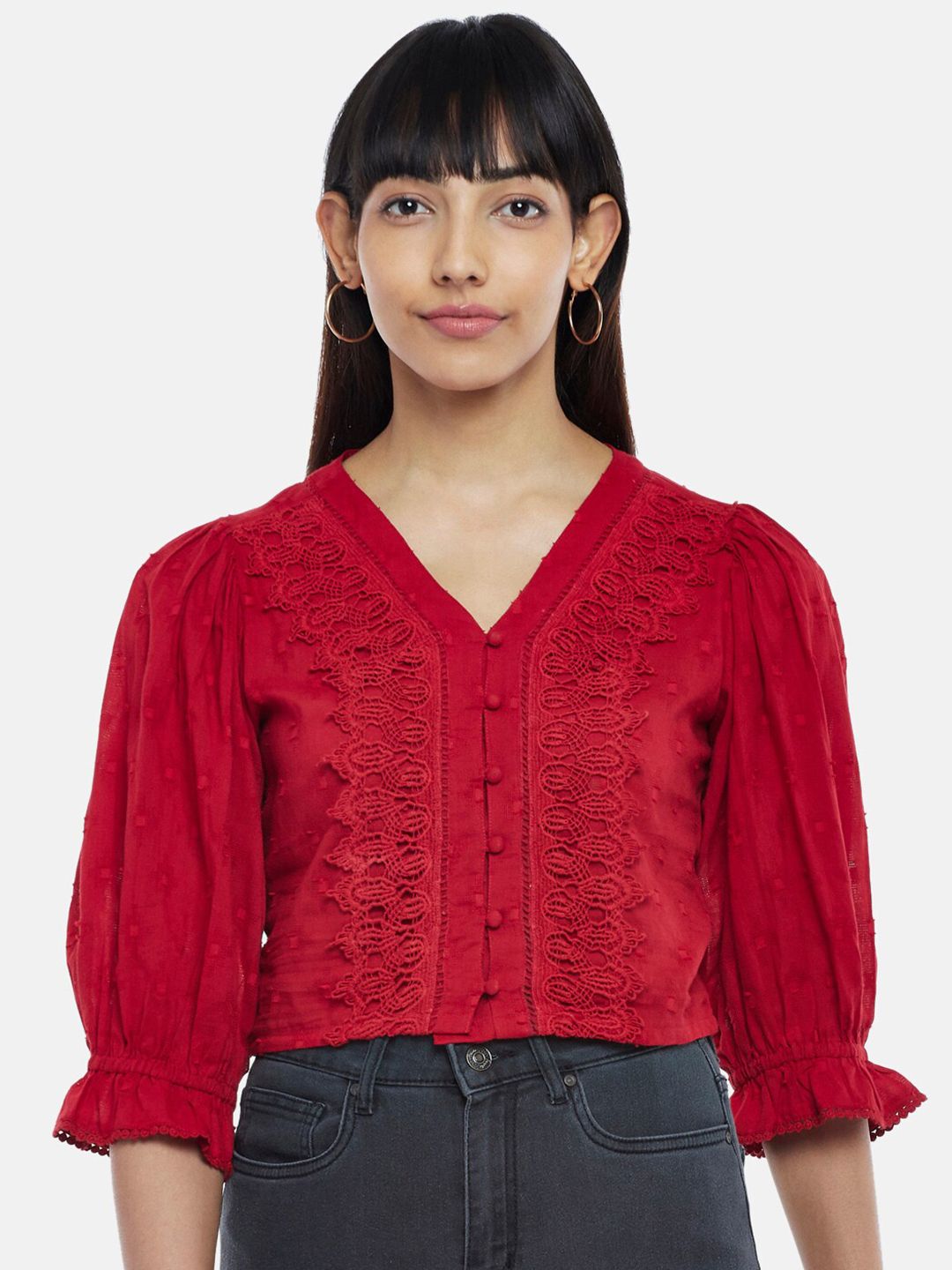 People Women Red Lace Insert Top Price in India