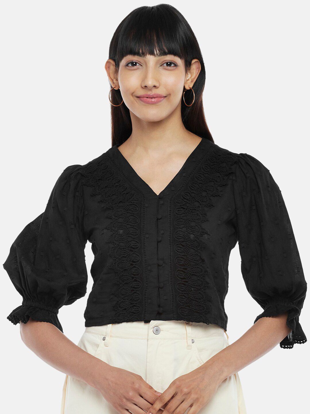 People Black Puffed Sleeves Cotton Lace Top Price in India