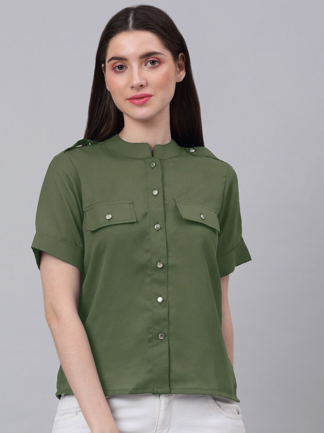 NEUDIS WOMEN Olive Green Mandarin Collar Shirt Style Top Price in India