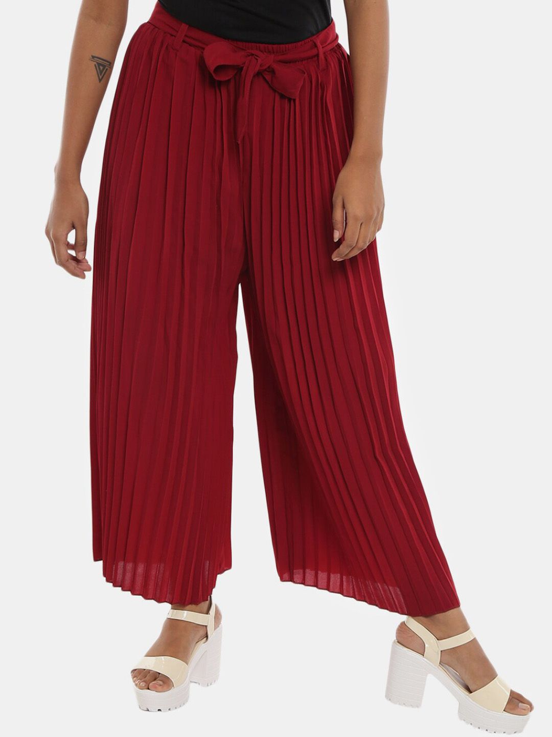 V-Mart Women Maroon Classic Flared High-Rise Accordion Pleated Culottes Trousers Price in India
