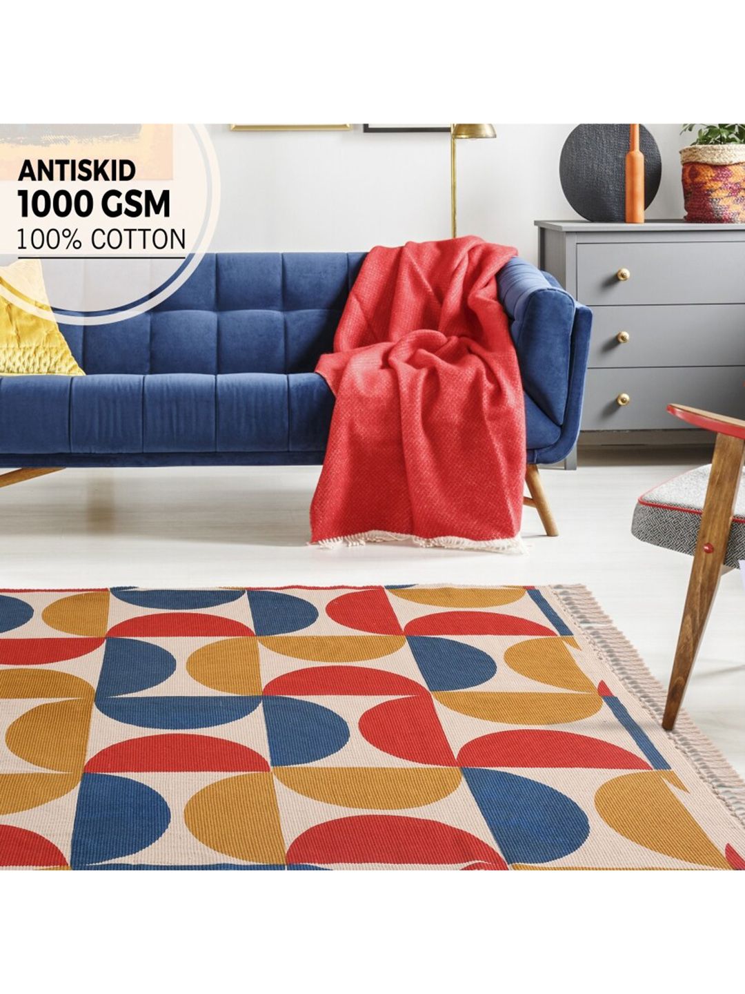 URBAN SPACE Red & Beige Bohemian Printed Cotton Anti-Skid Rugs Price in India