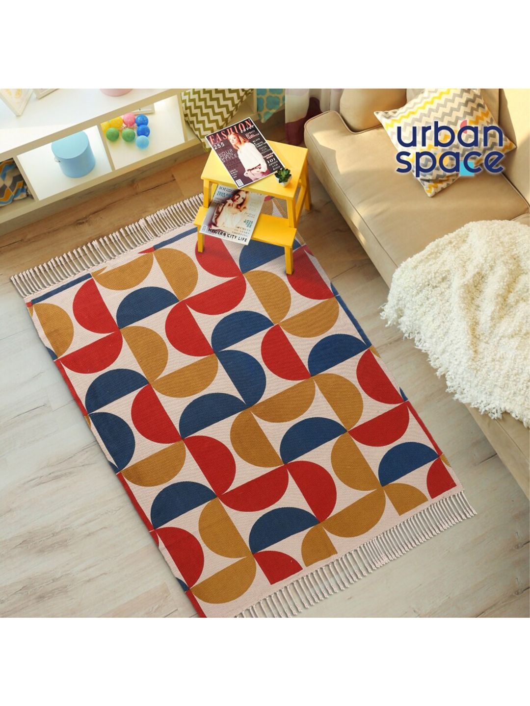 URBAN SPACE Beige & Blue Printed Pure Cotton 1000 GSM Anti Skid Carpets Price in India
