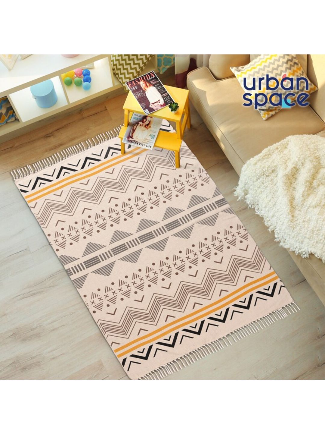 URBAN SPACE Beige & Black Printed Cotton Carpets Price in India