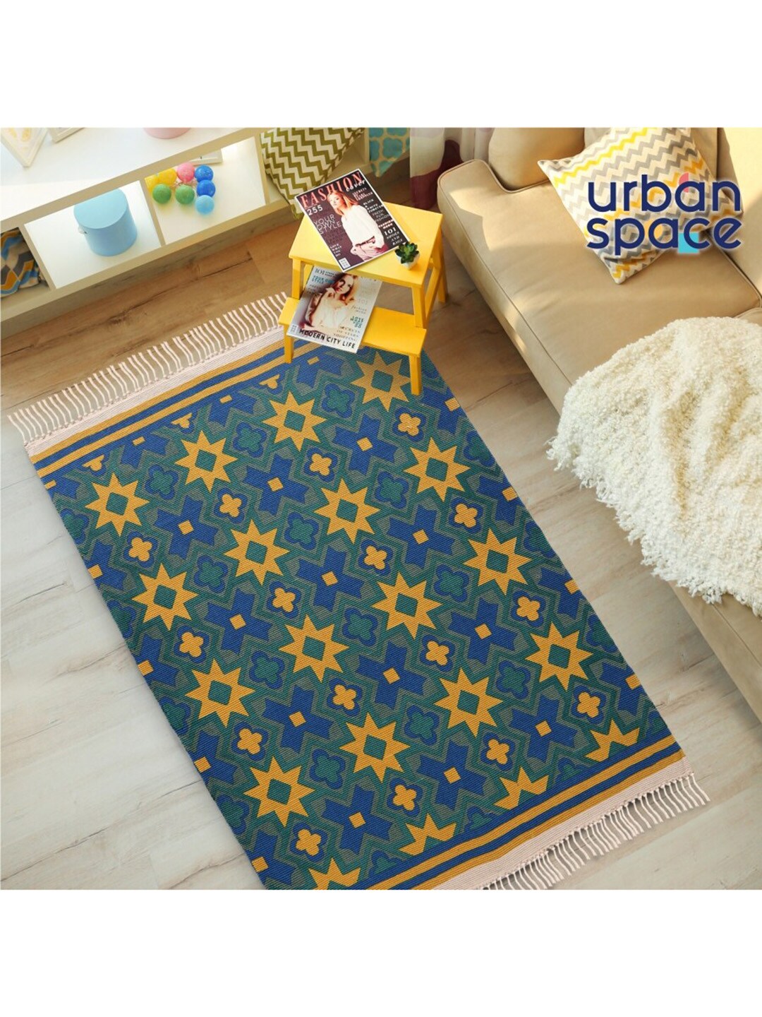 URBAN SPACE Green & Yellow Printed  Anti Skid Carpet Price in India