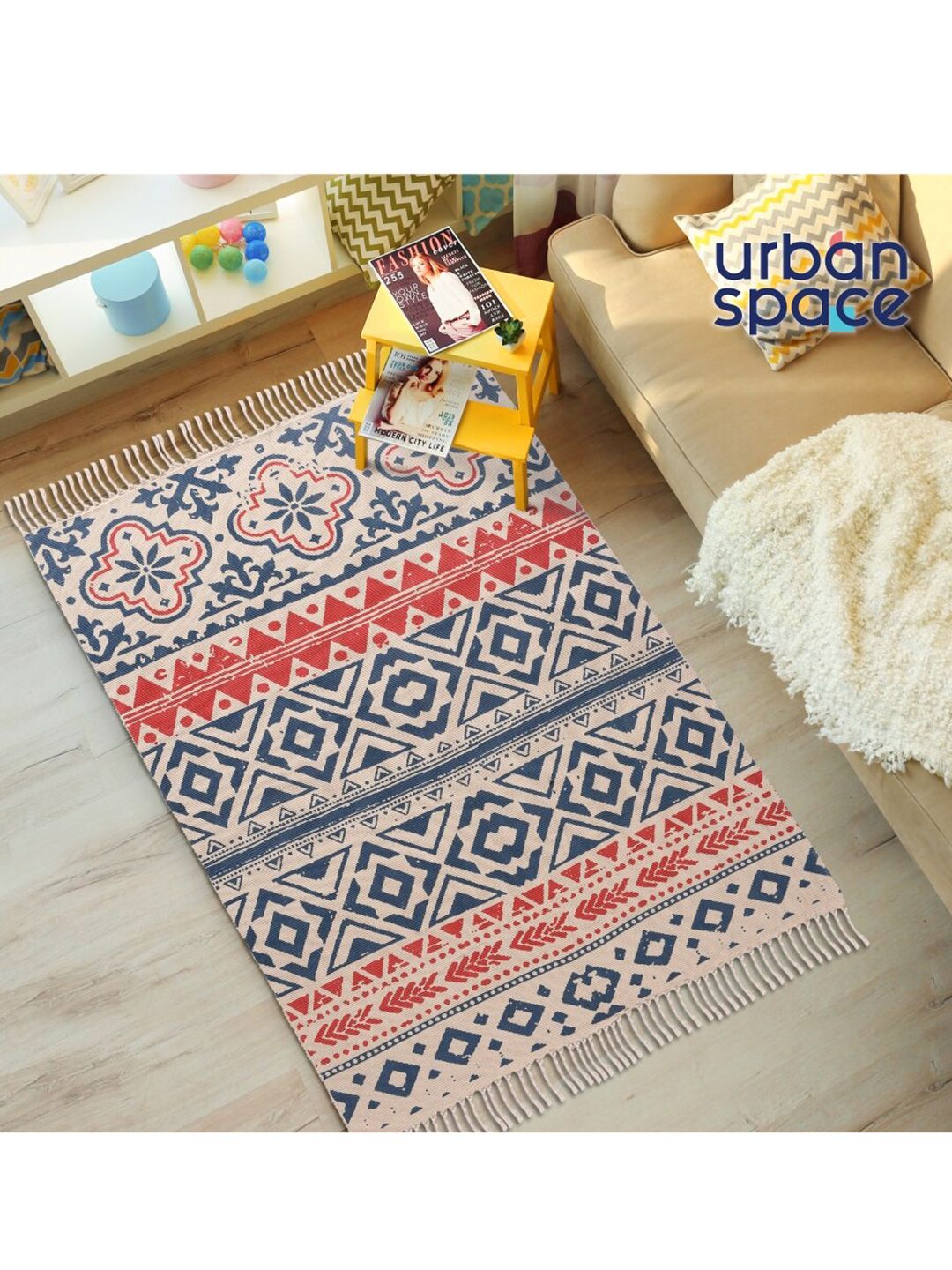 URBAN SPACE Cream & Navy Blue Anti-Skid Printed Cotton Carpets Price in India