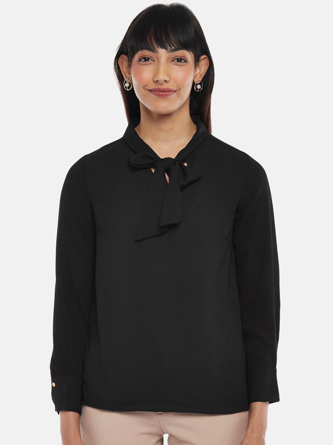 Annabelle by Pantaloons Women Black Tie-Up Neck Top Price in India