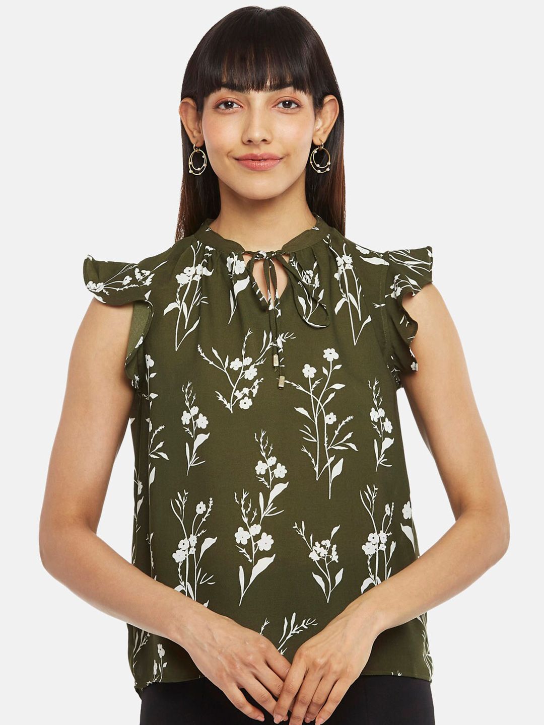 Annabelle by Pantaloons Olive Green Floral Print Tie-Up Neck Top Price in India