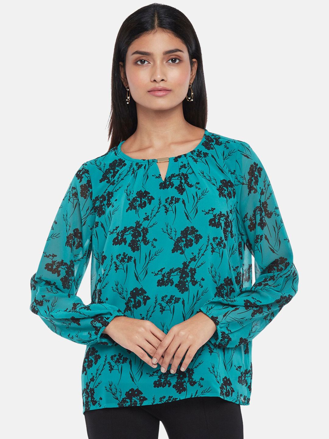 Annabelle by Pantaloons Women Turquoise Blue Floral Print Keyhole Neck Top Price in India