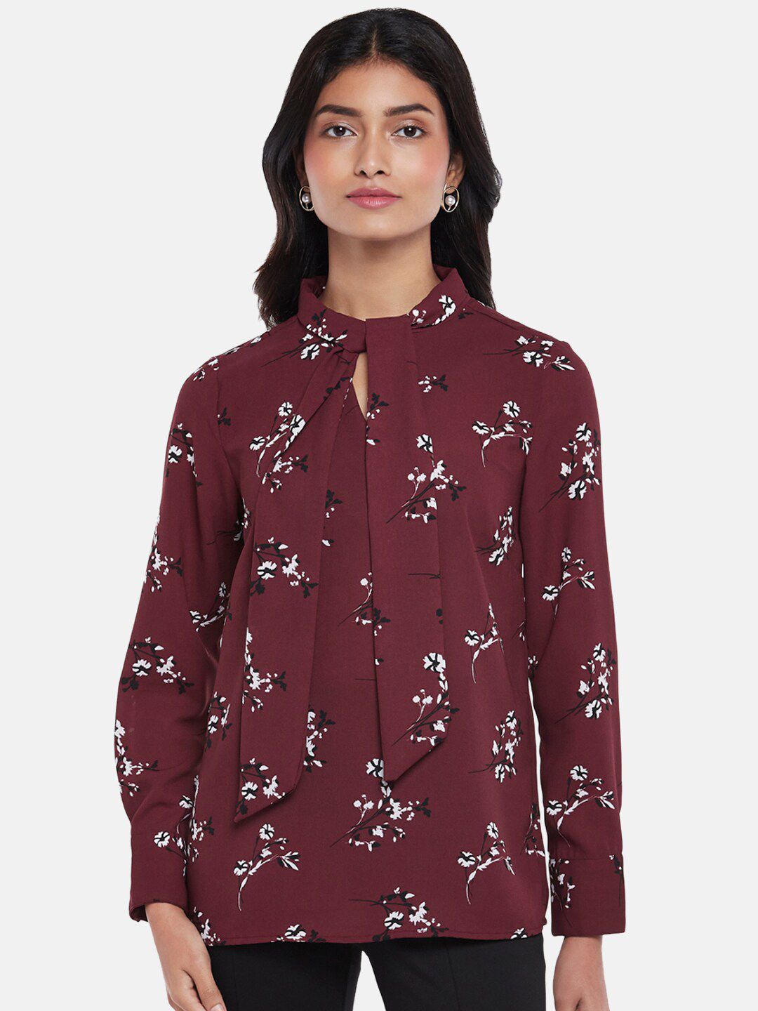 Annabelle by Pantaloons Women Maroon Floral Print Keyhole Neck Top Price in India