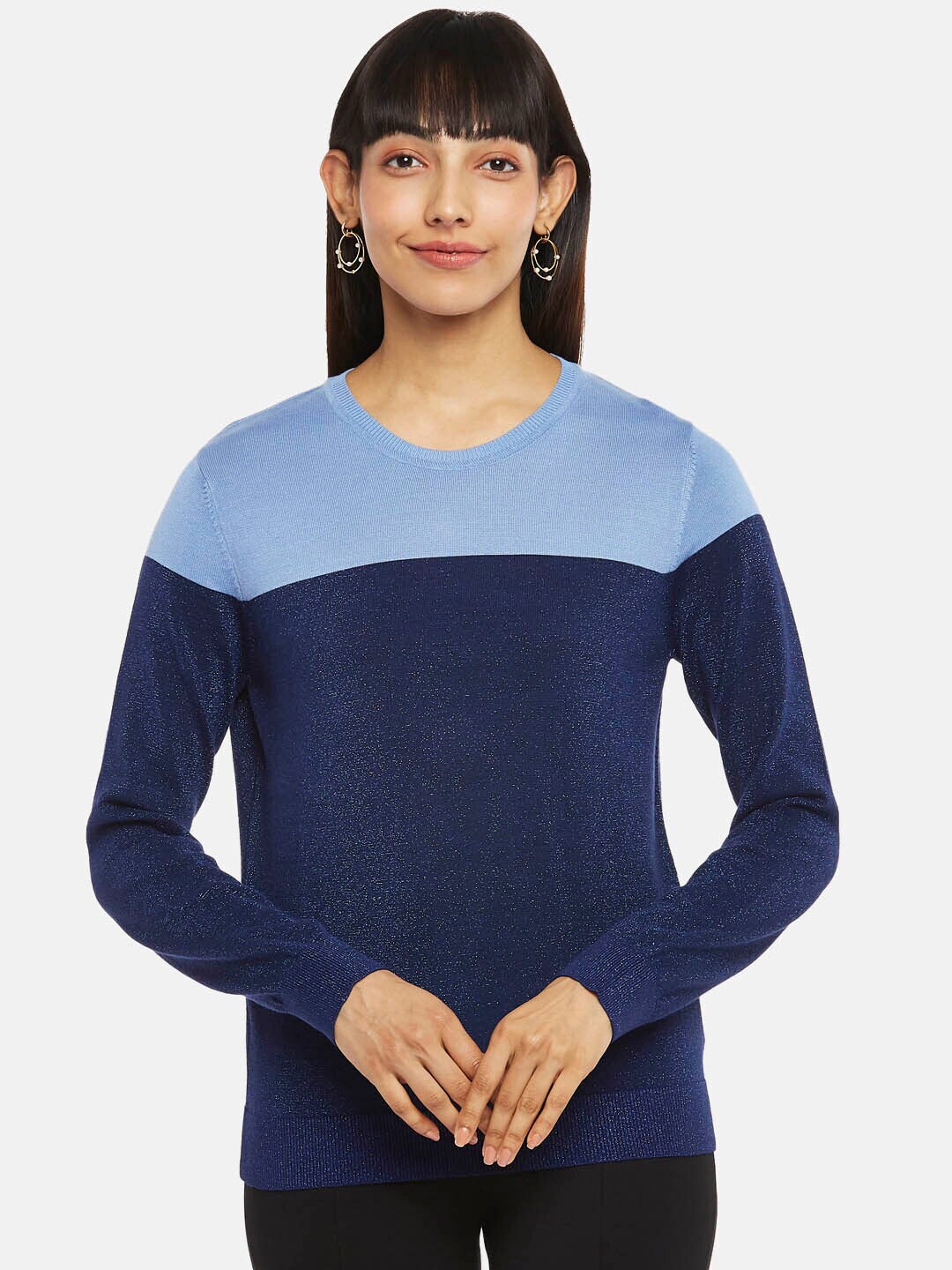 Annabelle by Pantaloons Women Navy Blue & Blue Colourblocked Top Price in India