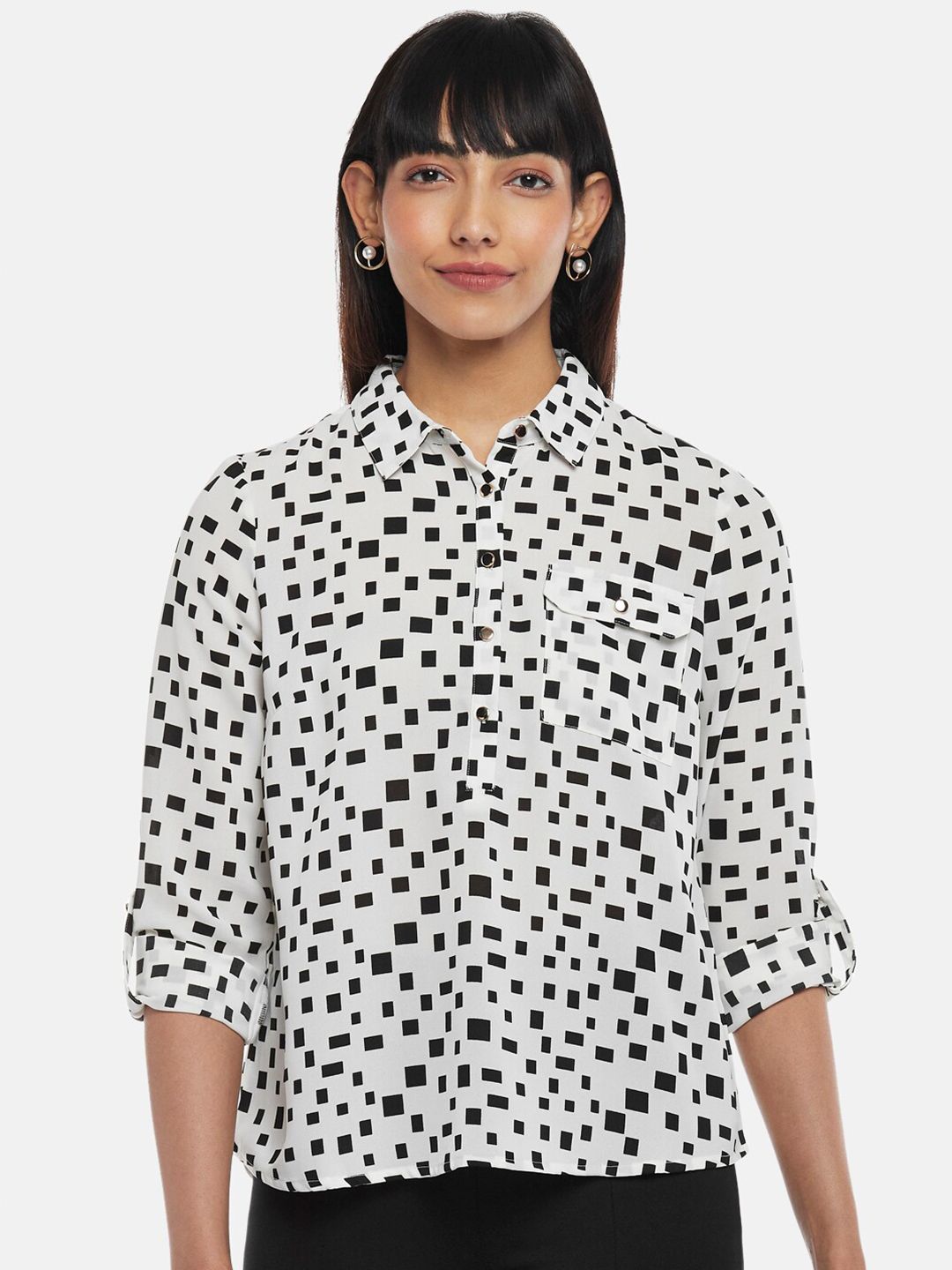 Annabelle by Pantaloons White Geometric Print Roll-Up Sleeves Shirt Style Top Price in India