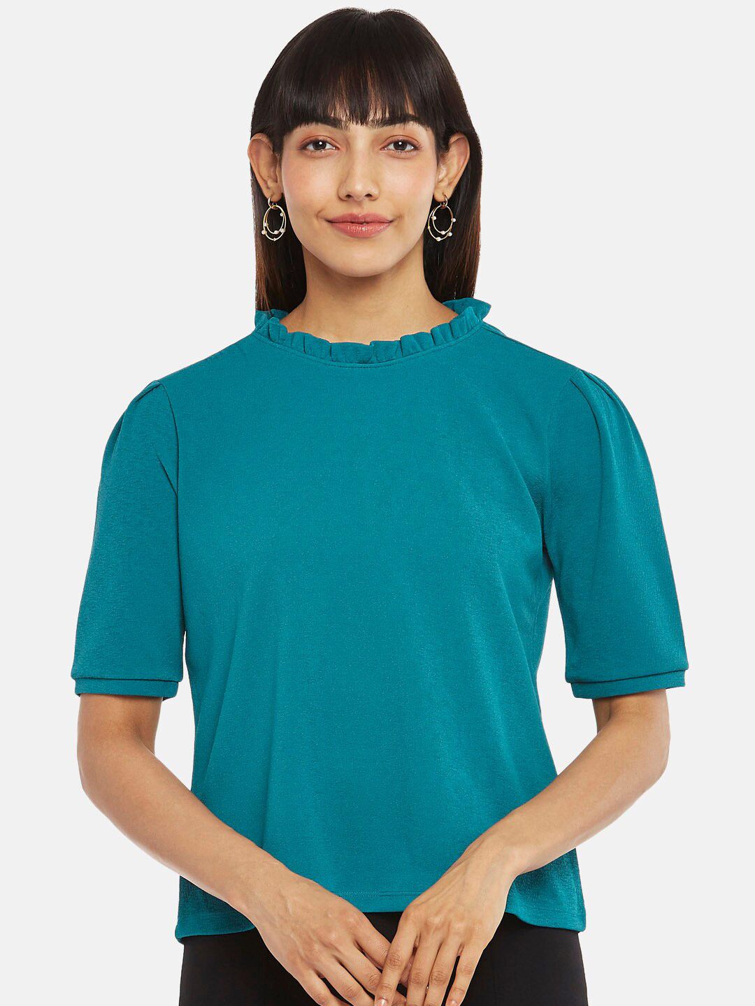 Annabelle by Pantaloons Turquoise Blue Solid Ruffles Neck Top Price in India