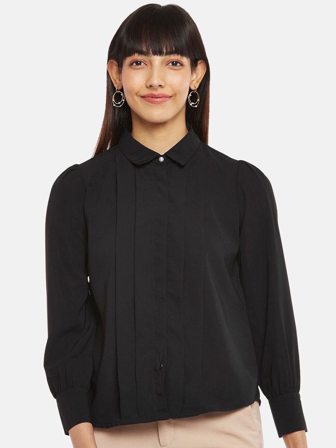 Annabelle by Pantaloons Women Black Solid Pleated Shirt Style Top Price in India