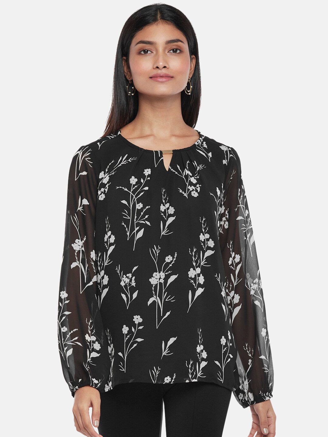 Annabelle by Pantaloons Black Floral Print Keyhole Neck Top Price in India