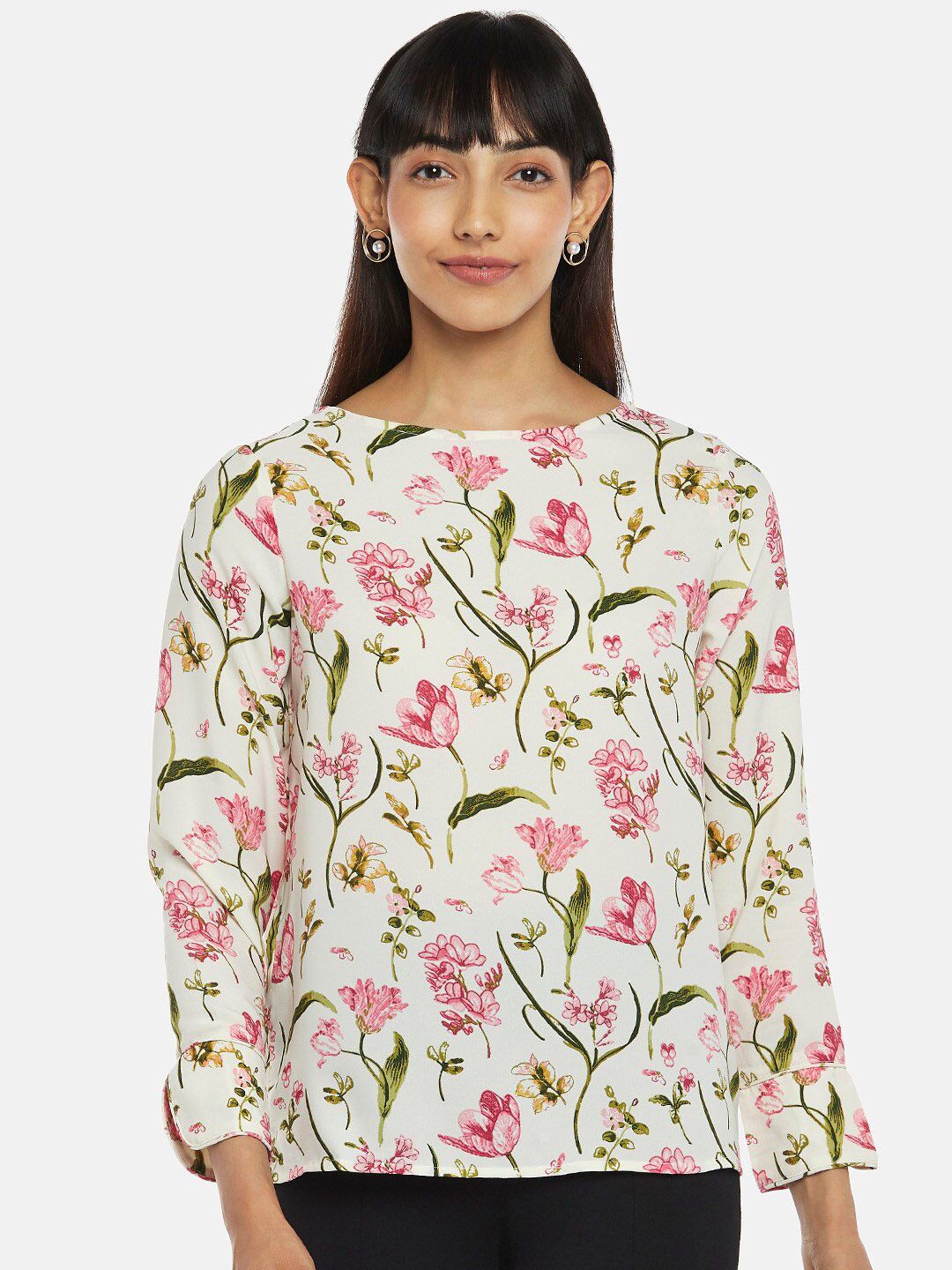 Annabelle by Pantaloons Women Off White & Pink Floral Print Top Price in India