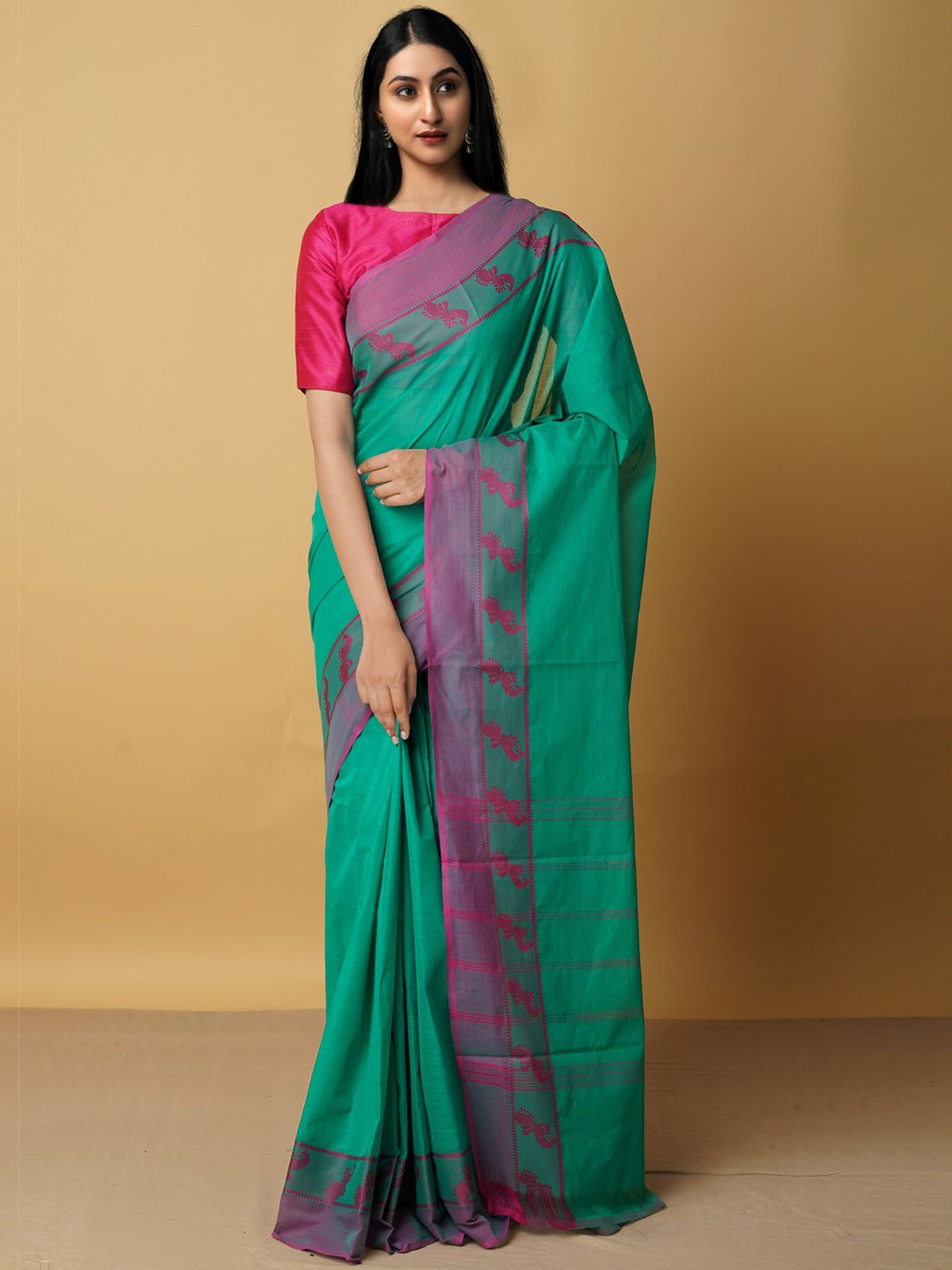 Unnati Silks Green & Purple Pure Cotton Handloom Kanjeevaram Saree Price in India
