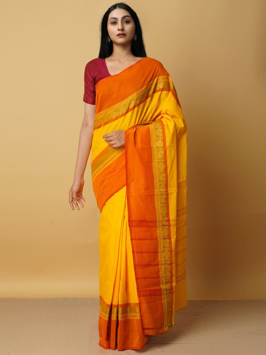Unnati Silks Yellow & Orange Zari Pure Cotton Kanjeevaram Saree Price in India