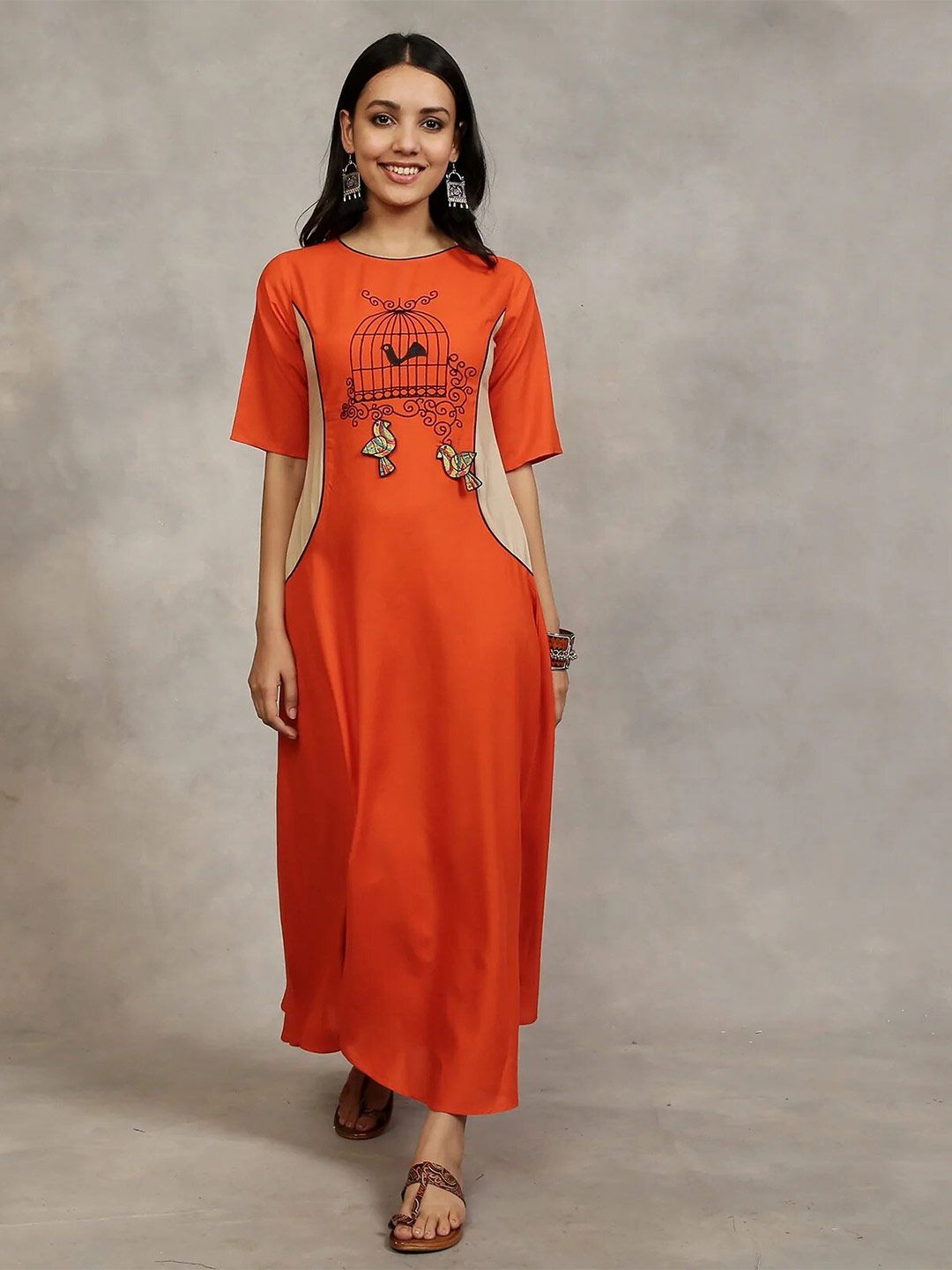 Rustorange Women Orange and Beige Embroidered Maxi Dress Price in India