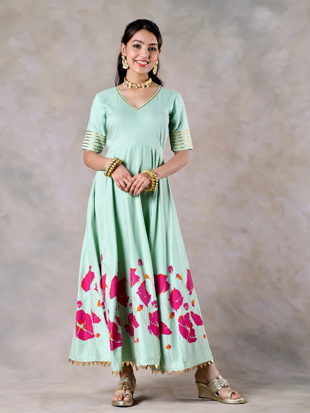 Rustorange Women Mint Green Floral Print Gota Detail Maxi Dress Price in India