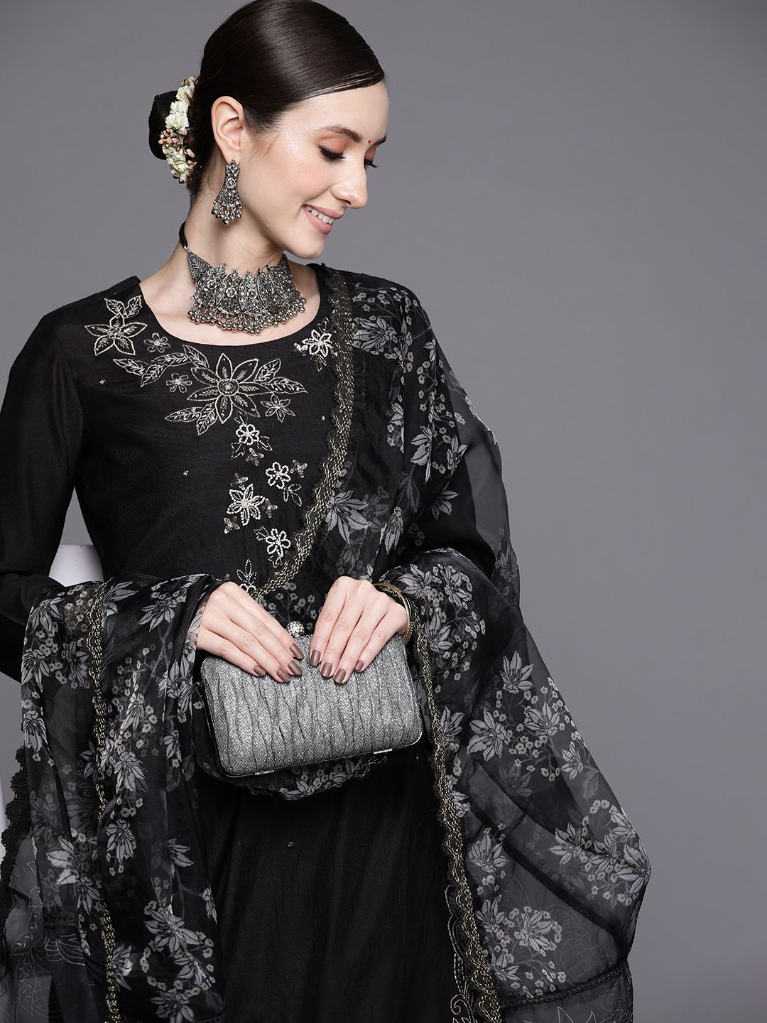 Indo Era Women Black Floral Embroidered Beads Kurta with Trousers & Dupatta Price in India