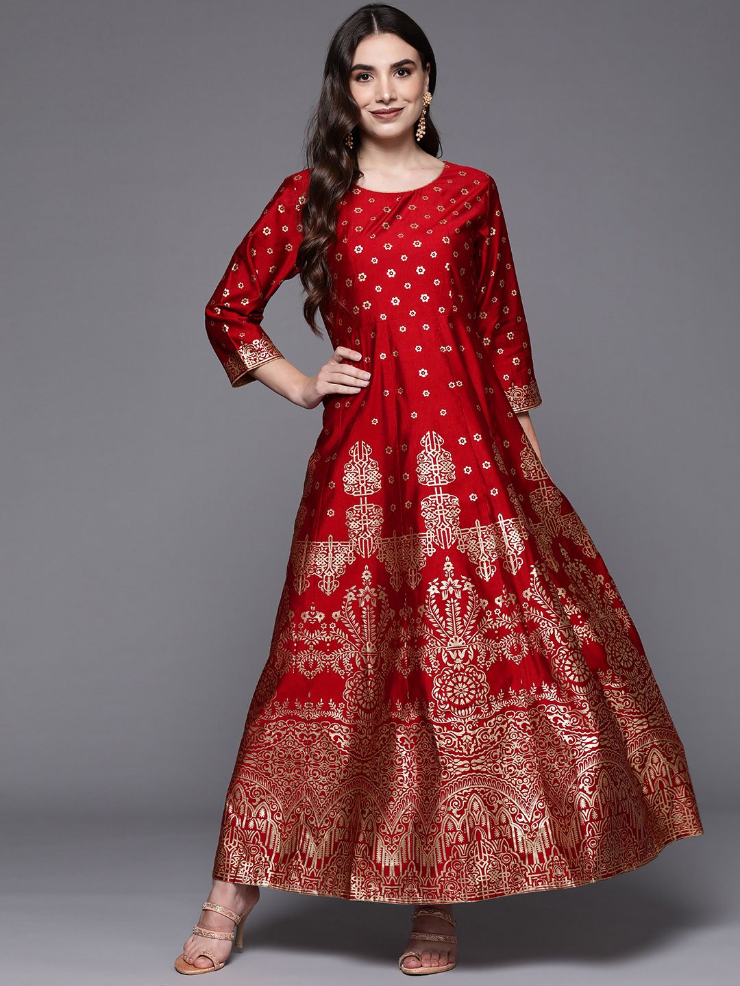 Indo Era Red & Gold-Toned Ethnic Motifs Liva Ethnic A-Line Maxi Dress Price in India