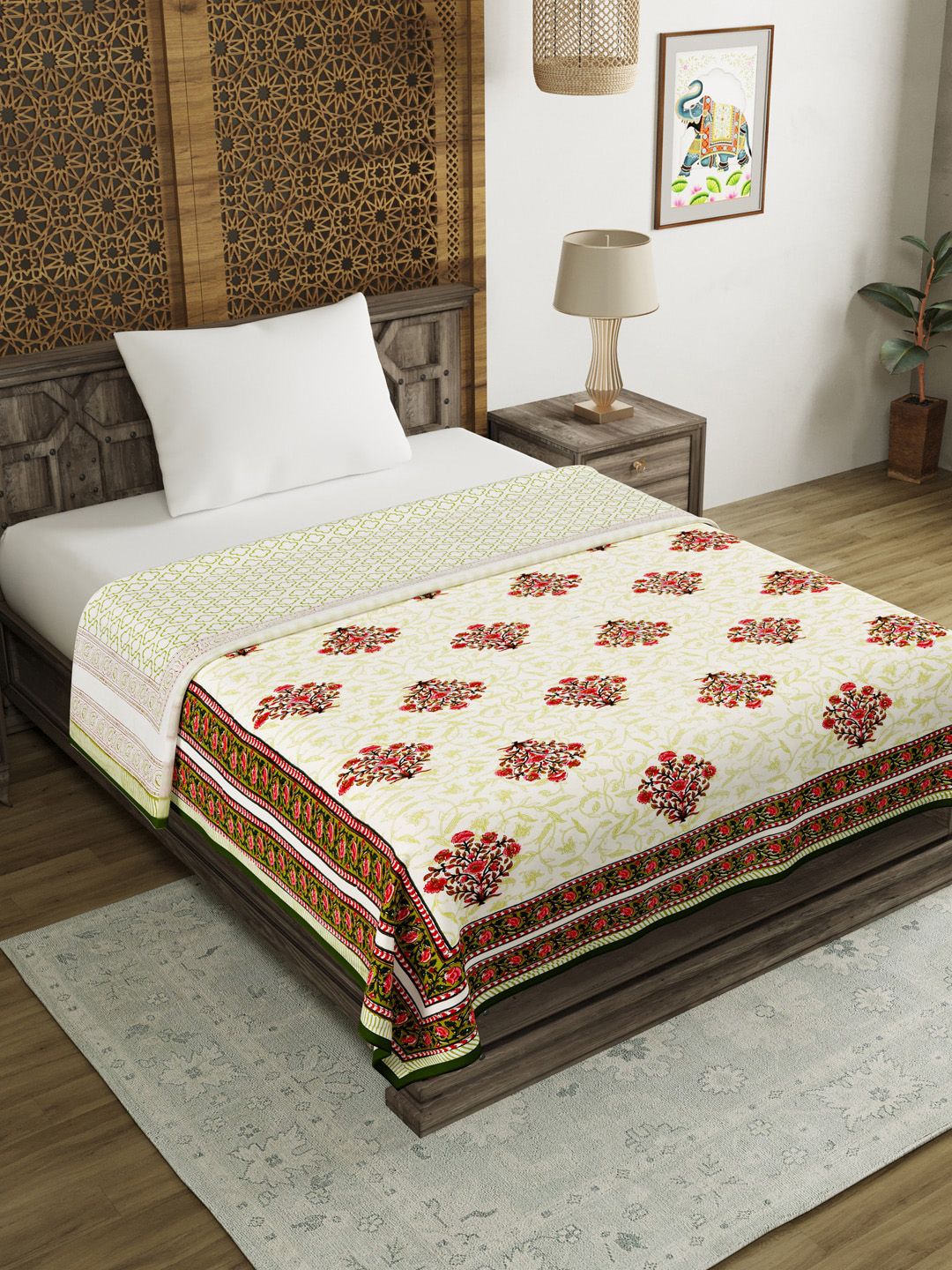 BLOCKS OF INDIA Cream-Coloured & Pink Ethnic Motifs AC Room 150 GSM Single Bed Dohar Price in India
