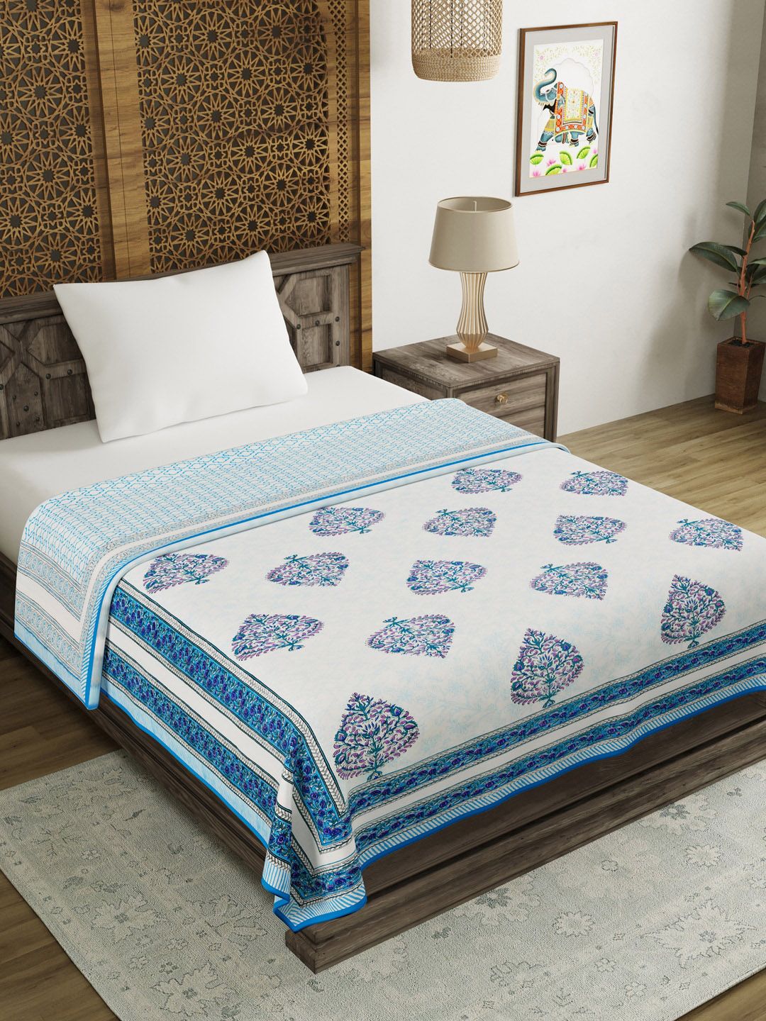 BLOCKS OF INDIA Blue & Green Ethnic Motifs AC Room 150 GSM Cotton Single Bed Dohar Price in India