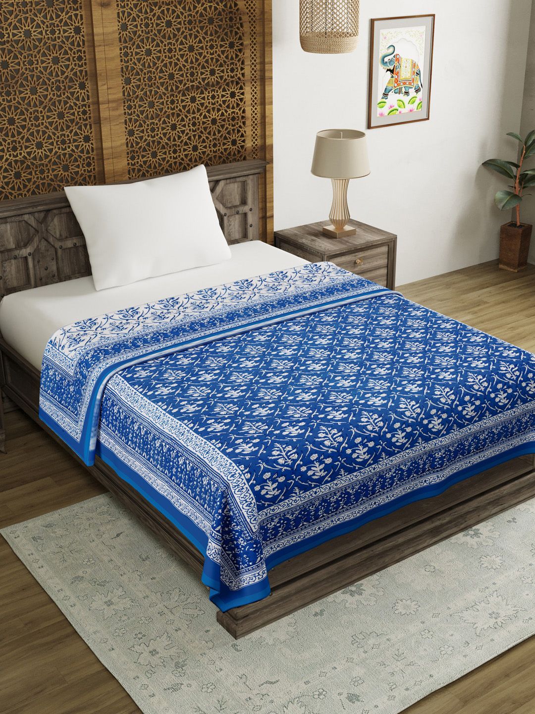 BLOCKS OF INDIA Blue & White Ethnic Motifs AC Room 150 GSM Single Bed Dohar Price in India