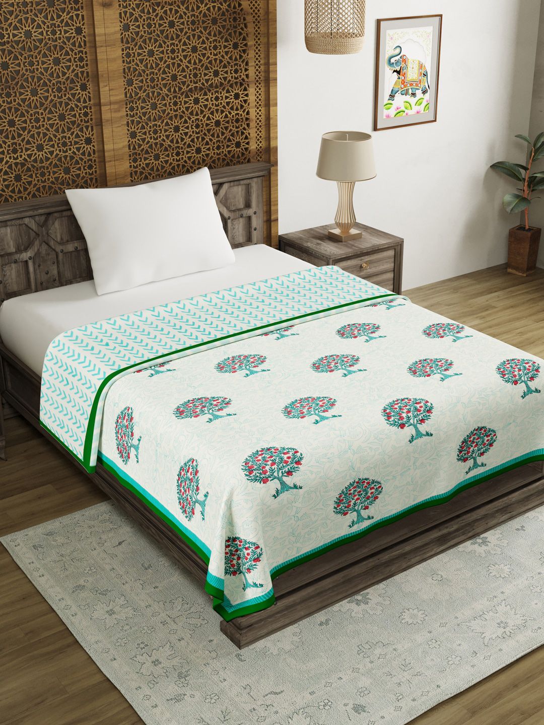 BLOCKS OF INDIA White & Turquoise Blue Printed AC Room 150 GSM Single Bed Dohar Price in India