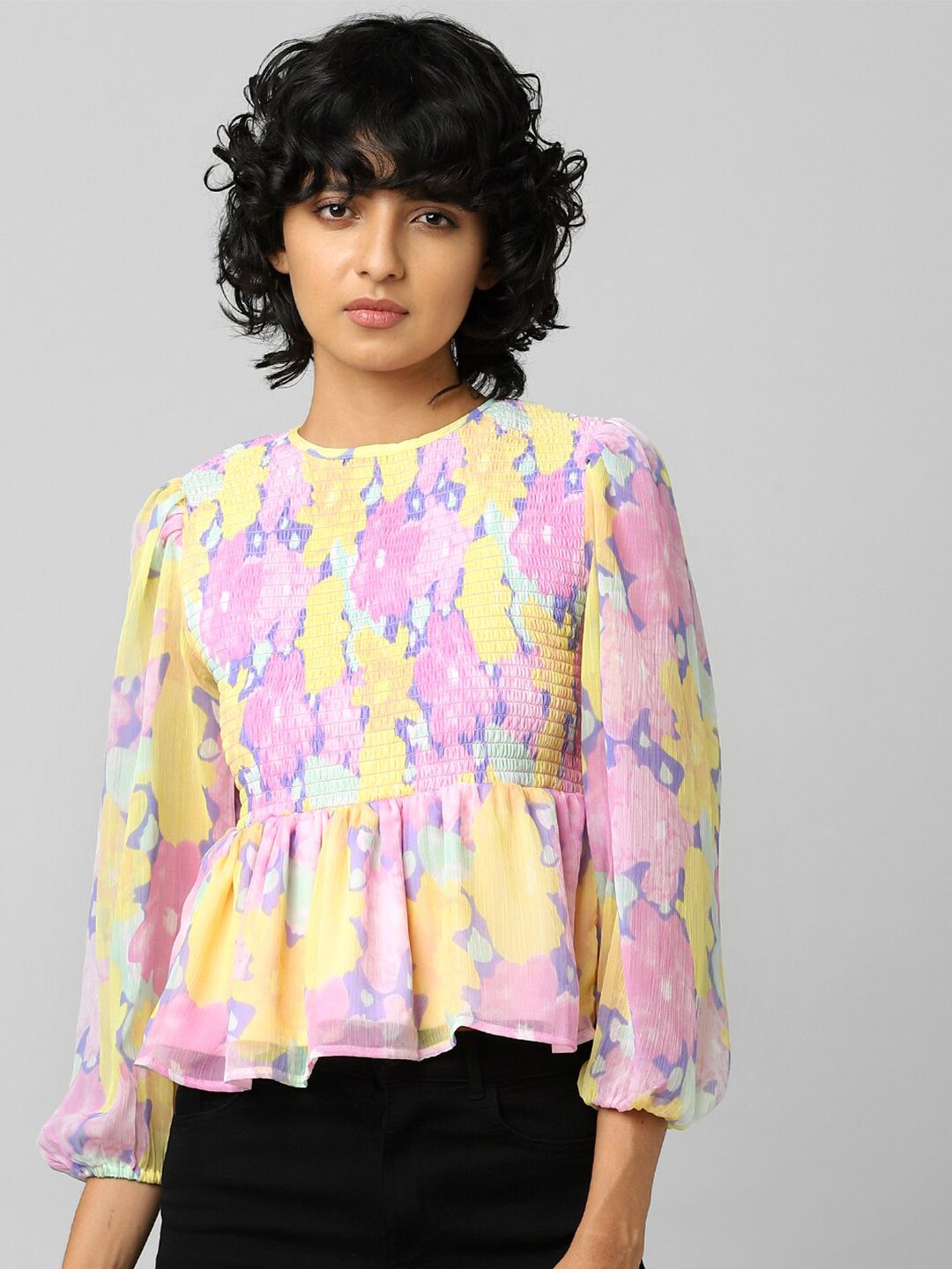 ONLY Yellow and Pink Floral Print Top Price in India
