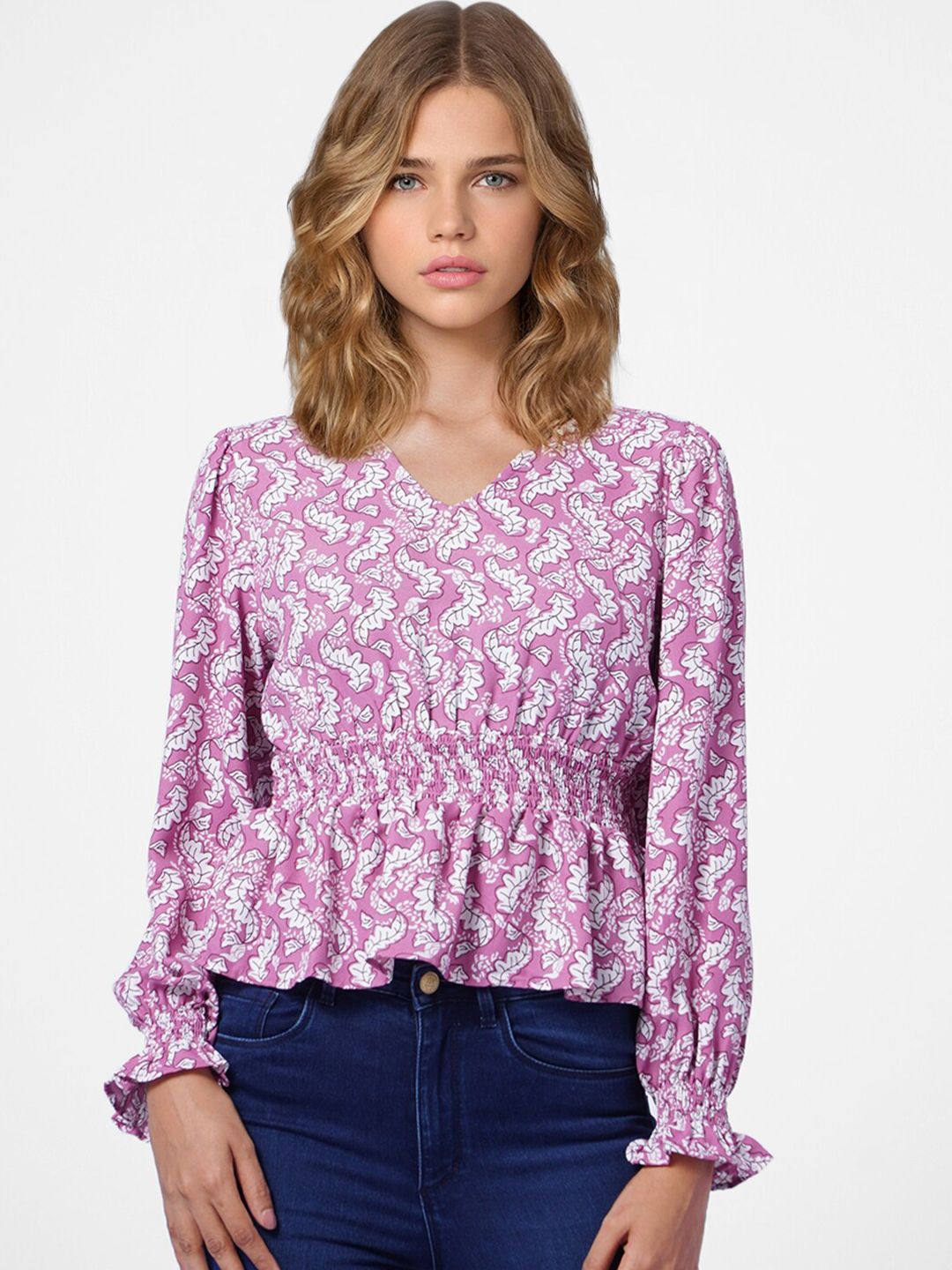 ONLY Mauve Print Cinched Waist Crop Top Price in India