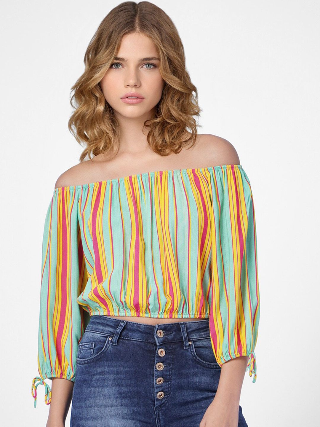 ONLY Women Green Striped Off-Shoulder Bardot Top Price in India