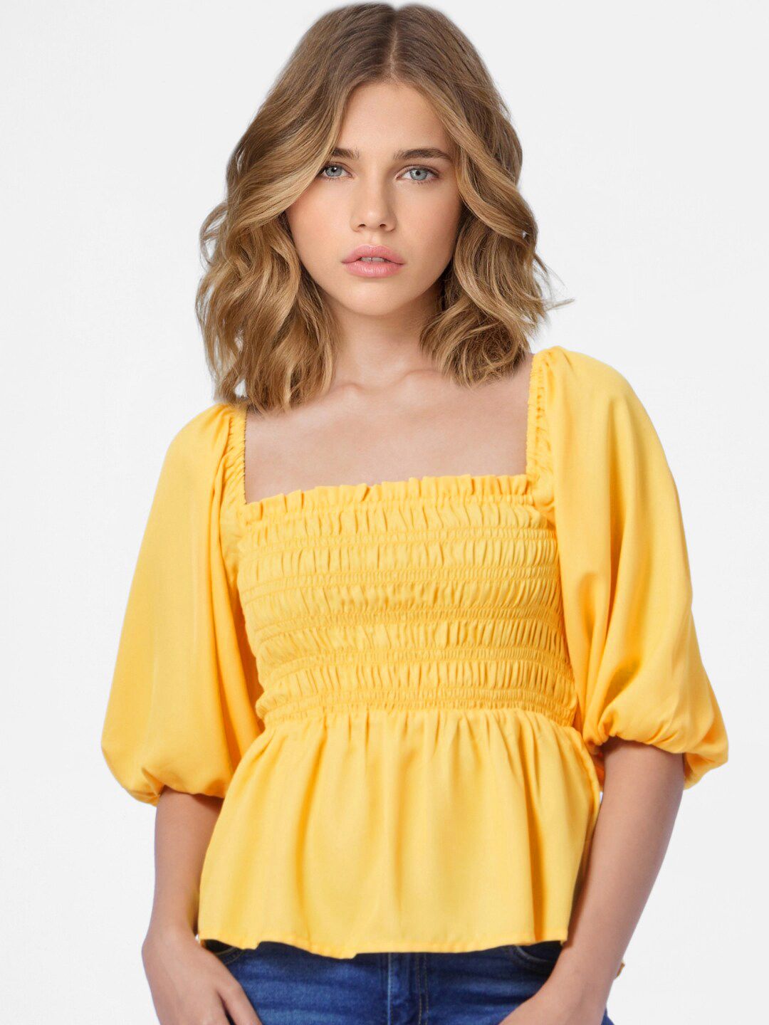ONLY Women Yellow Smocked Top Price in India