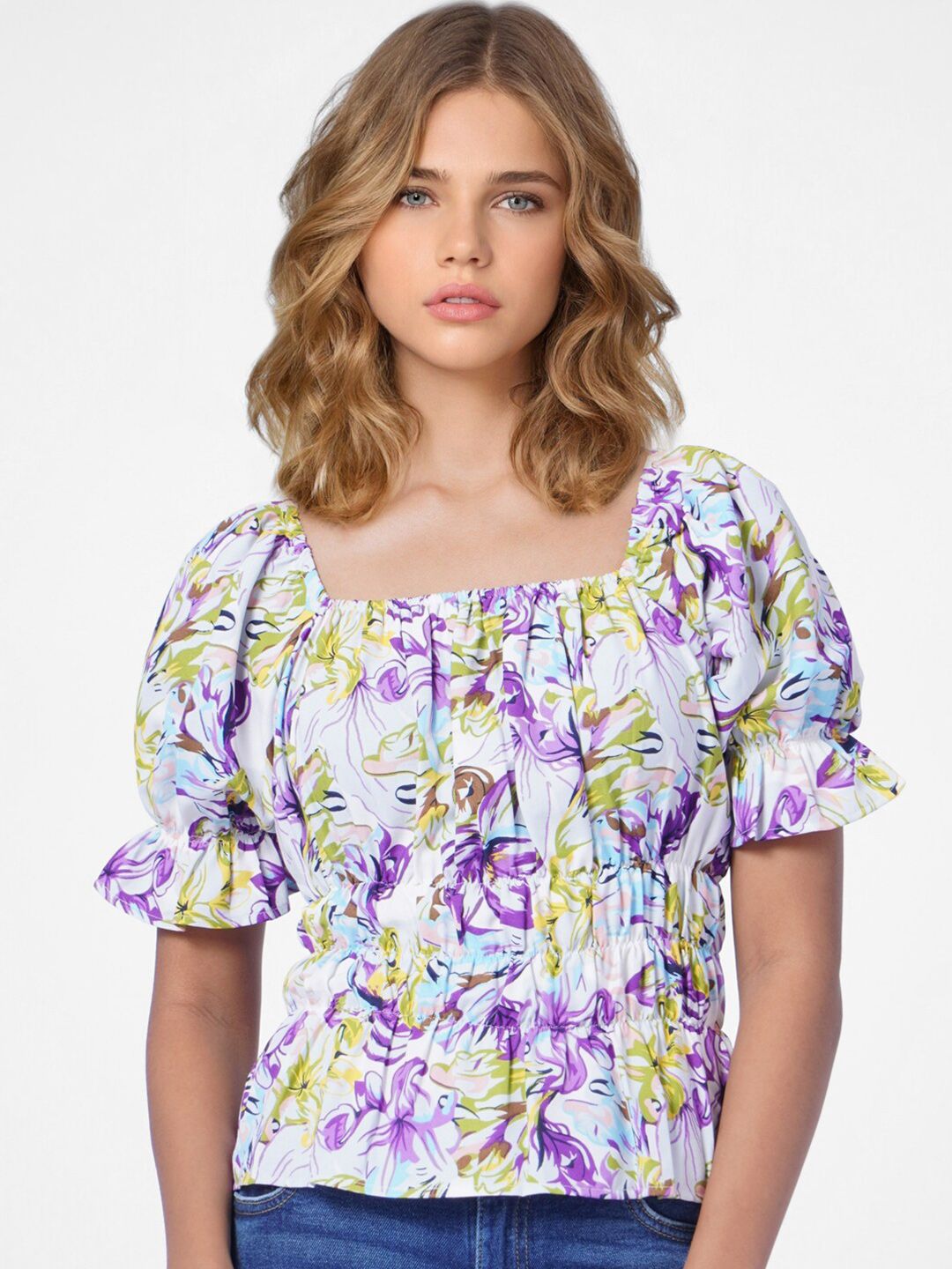 ONLY Women White & Purple Floral Print Top Price in India