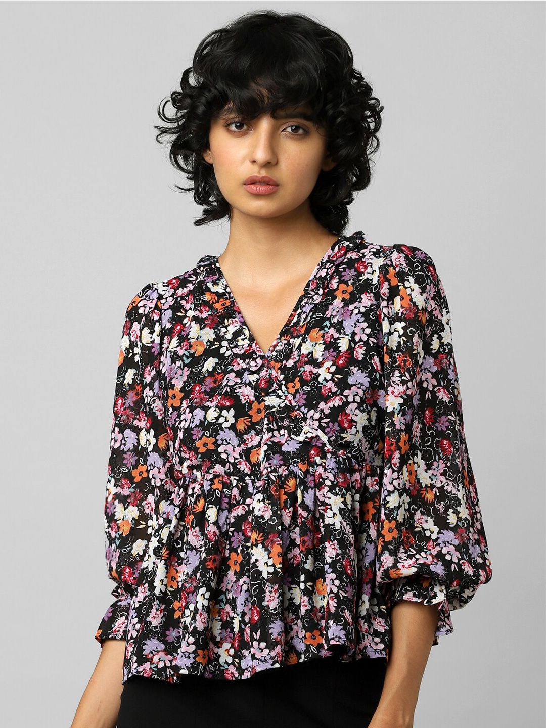 ONLY Black Floral Print Empire Top Price in India