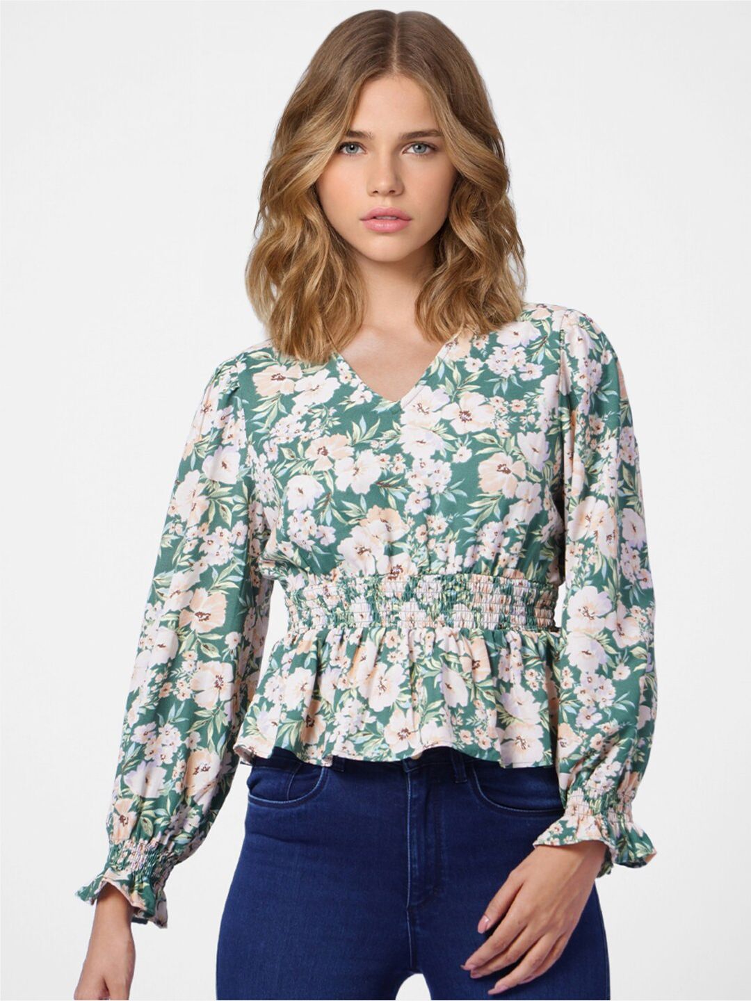 ONLY  Women Green Floral Print Blouson Top Price in India