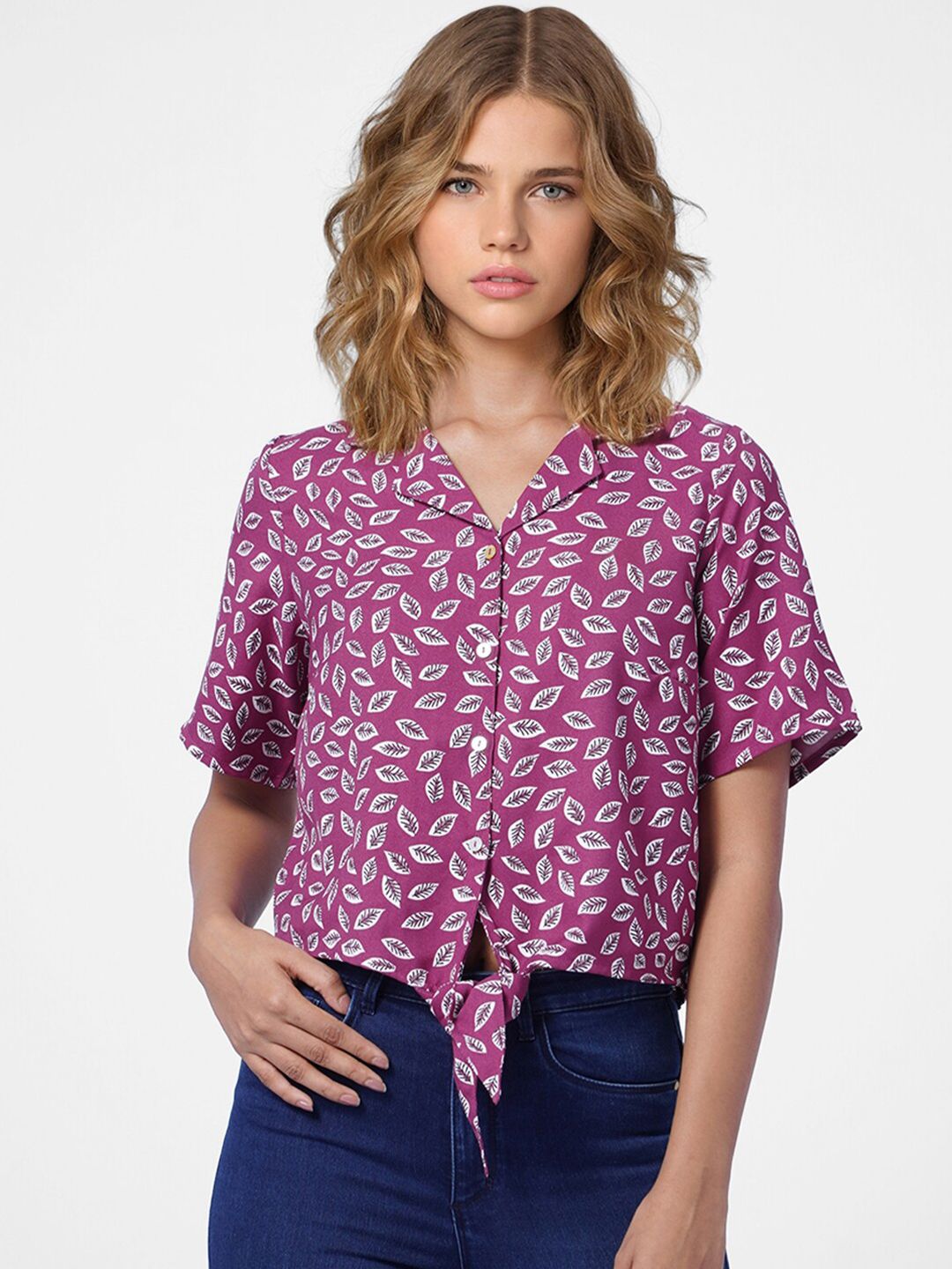 ONLY Purple Print Shirt Style Crop Top Price in India