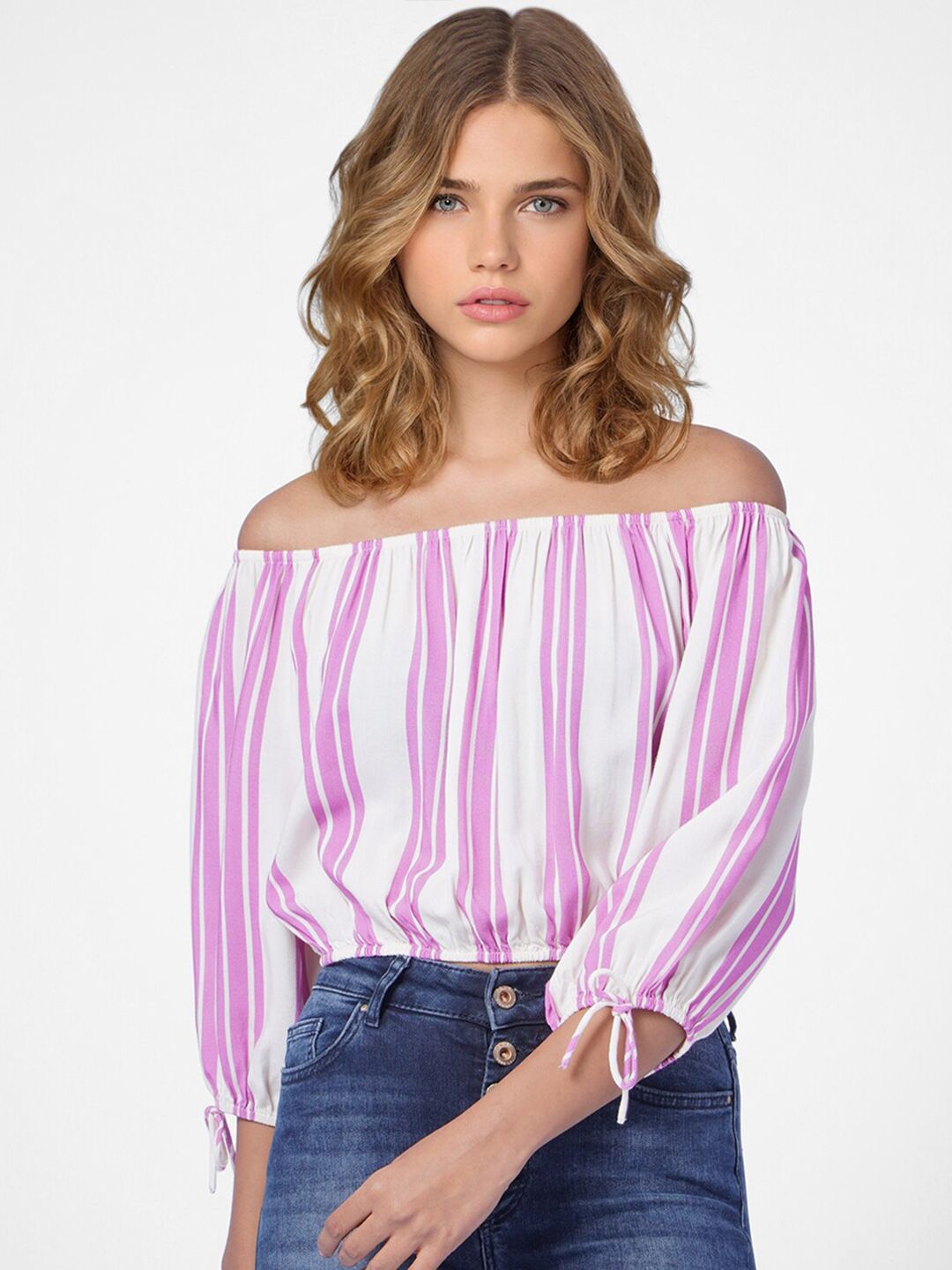 ONLY White Striped Off-Shoulder Bardot Top Price in India