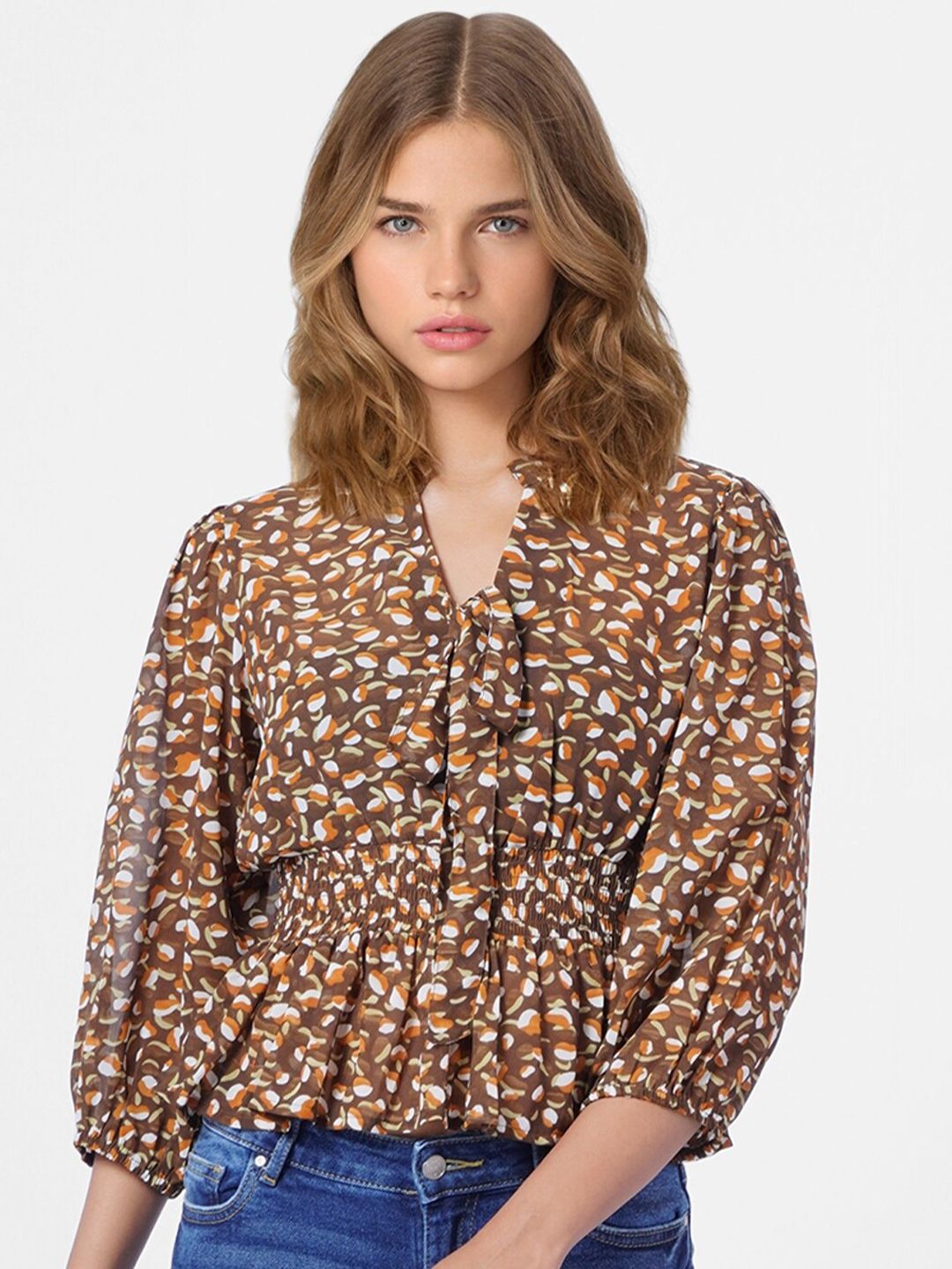 ONLY Brown Animal Print Tie-Up Neck Top Price in India