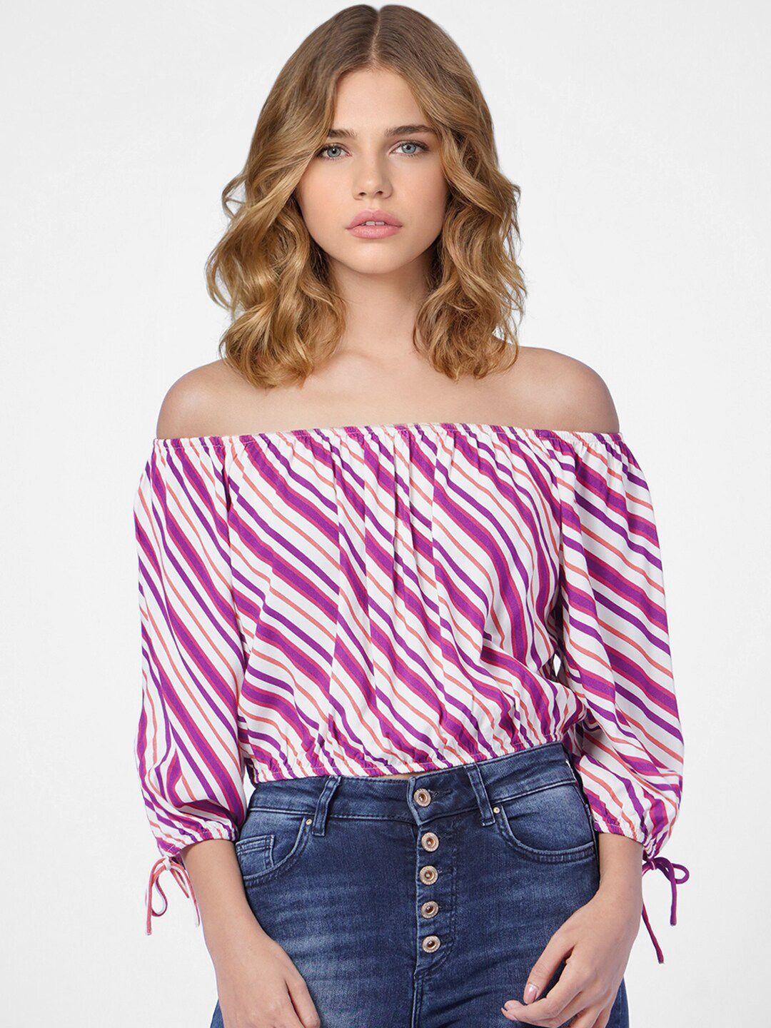 ONLY Pink Print Off-Shoulder Bardot Top Price in India