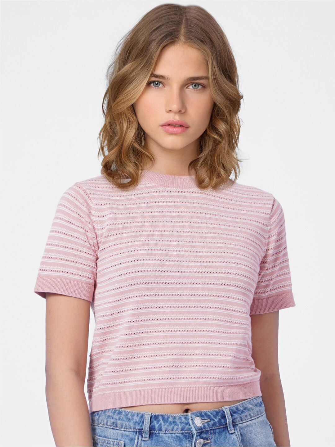 ONLY Women Pink & White Striped Top Price in India