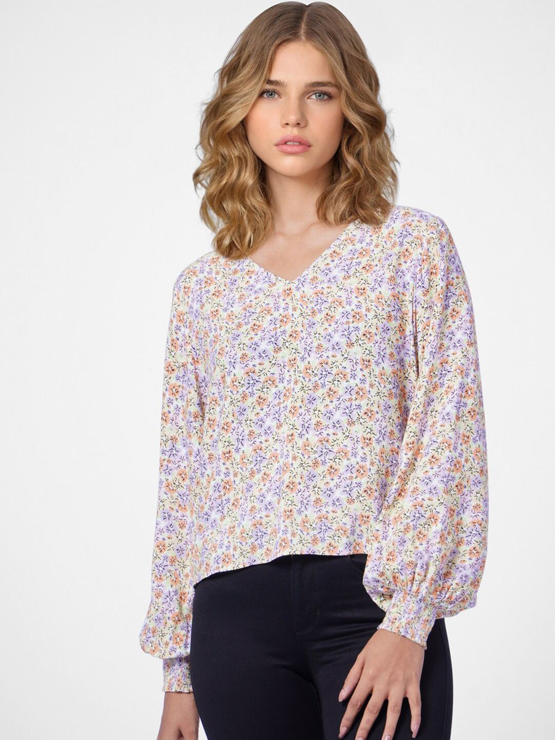 ONLY White & Purple Floral Print Bishop Sleeves Top Price in India
