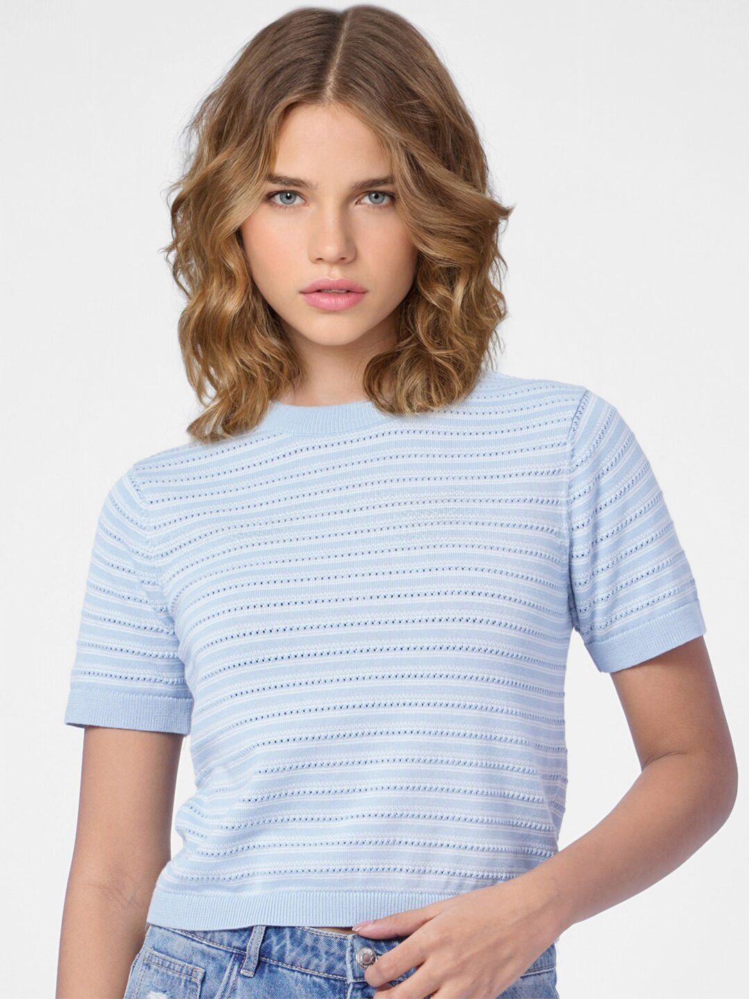ONLY Blue Striped Knitted Crop Top Price in India