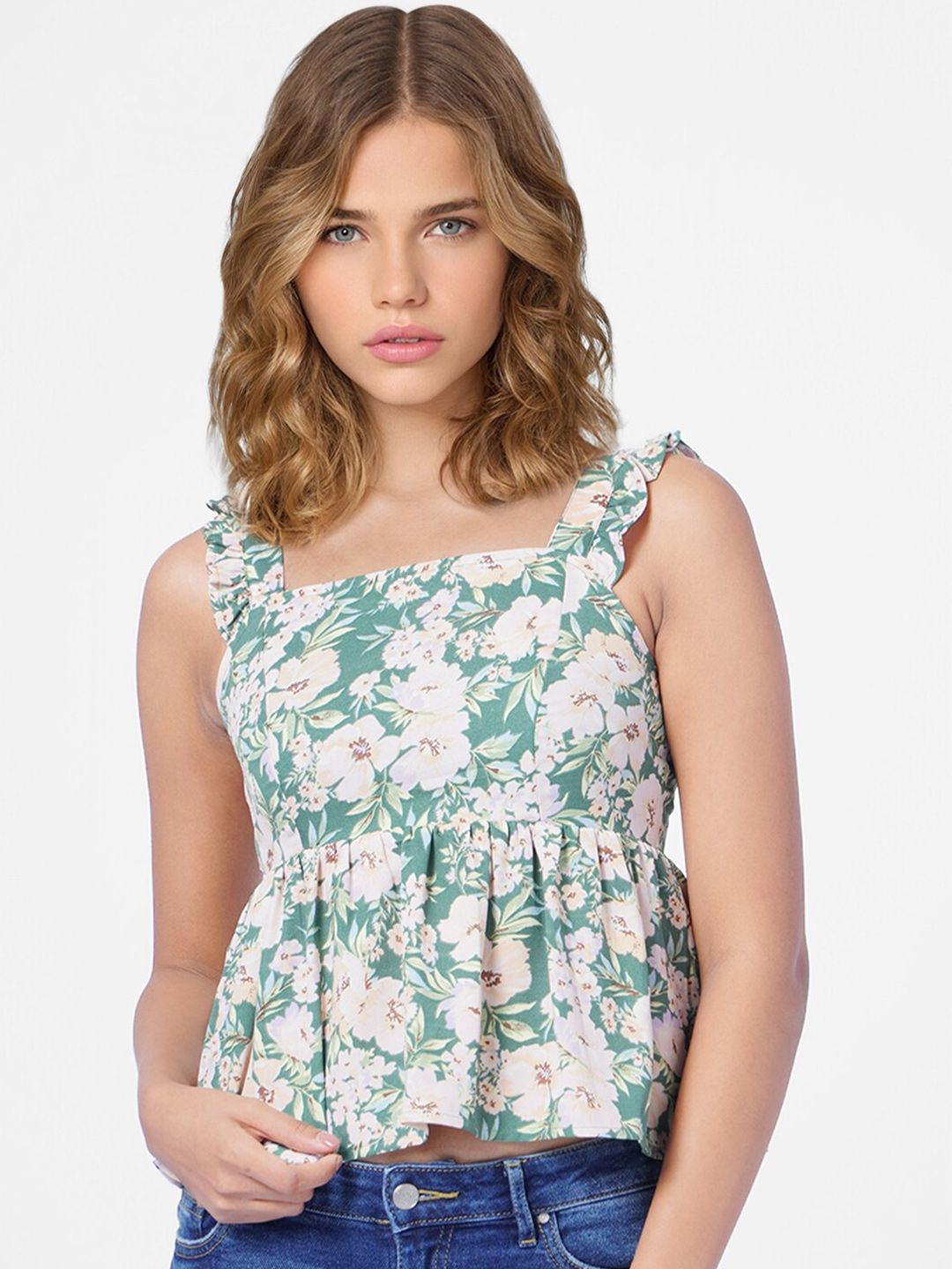 ONLY Women Green Floral Print Peplum Top Price in India