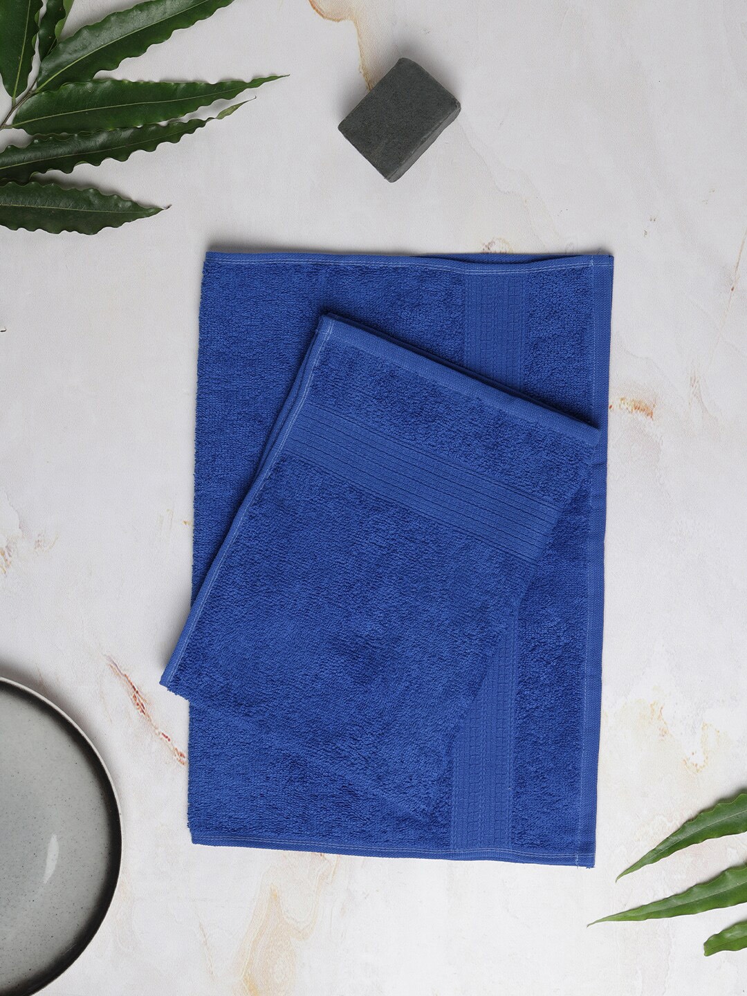 SPACES Set Of 2 Blue Solid 400 GSM Pure Cotton Hand Towels Price in India