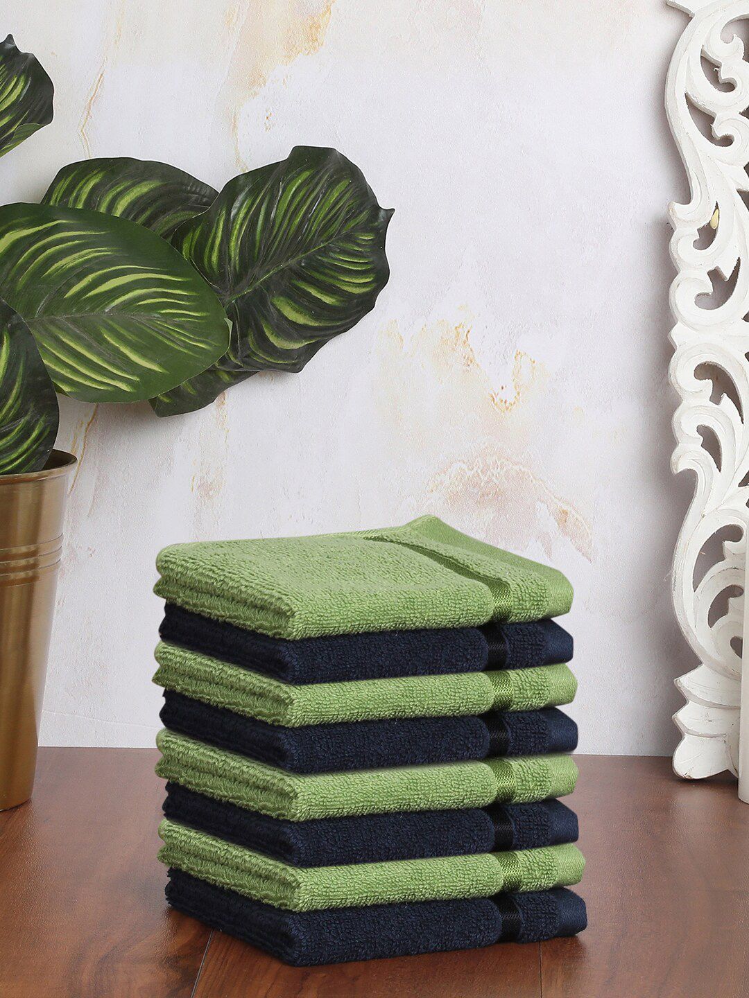 SPACES Set of 8 Green & Blue Solid Pure Cotton 210 GSM Face Towels Price in India