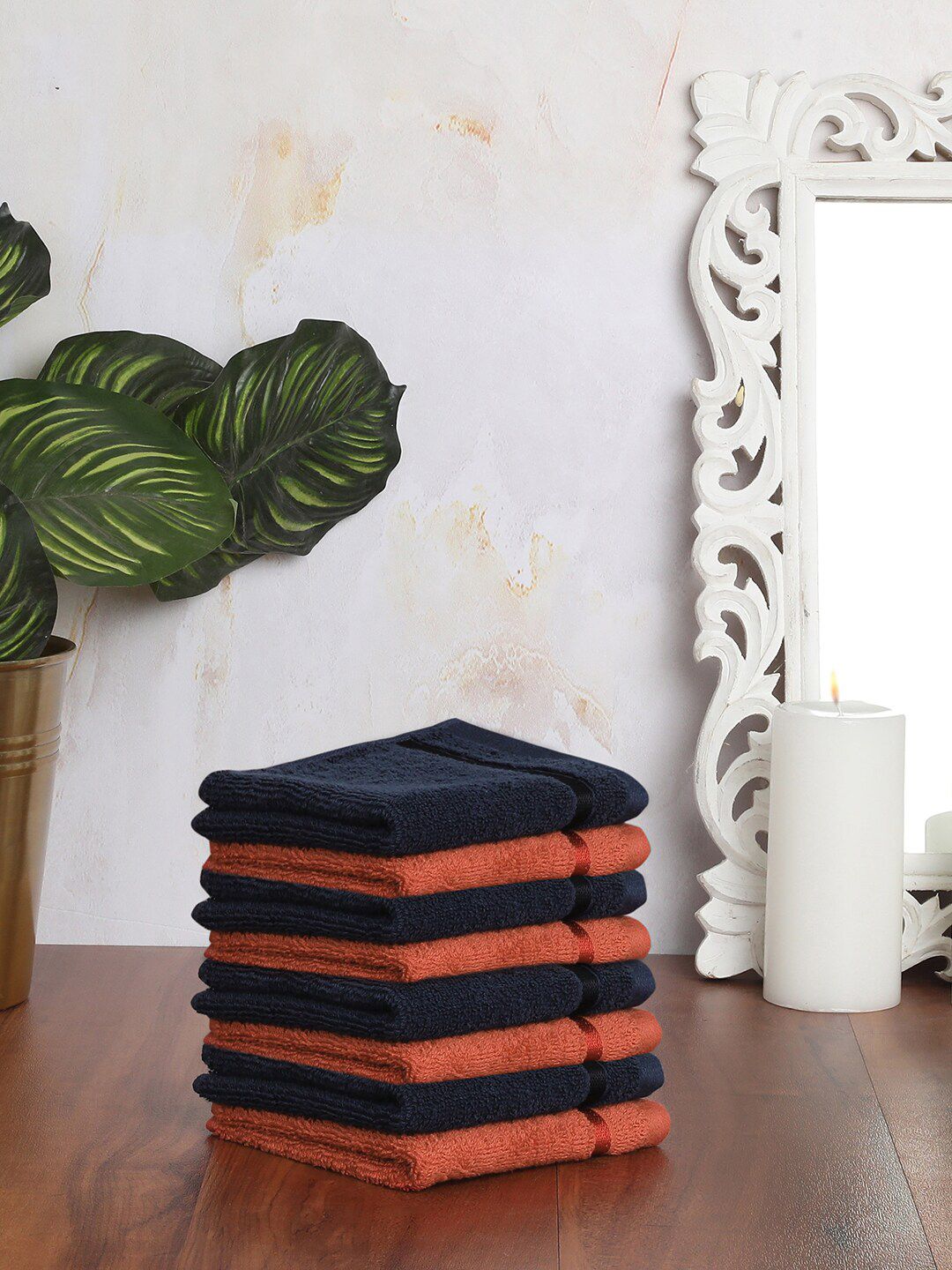 SPACES Set Of 8 Red & Blue Solid 210 GSM Pure Cotton  Face Towels Price in India