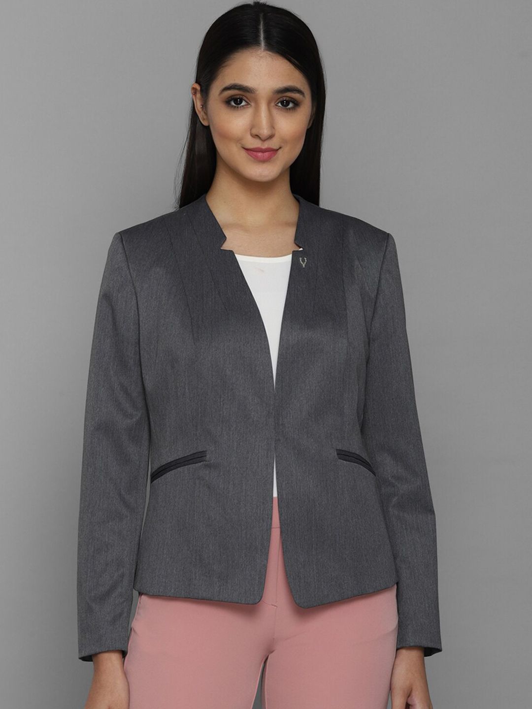 Allen Solly Woman Grey Solid Single Breasted Blazer Price in India